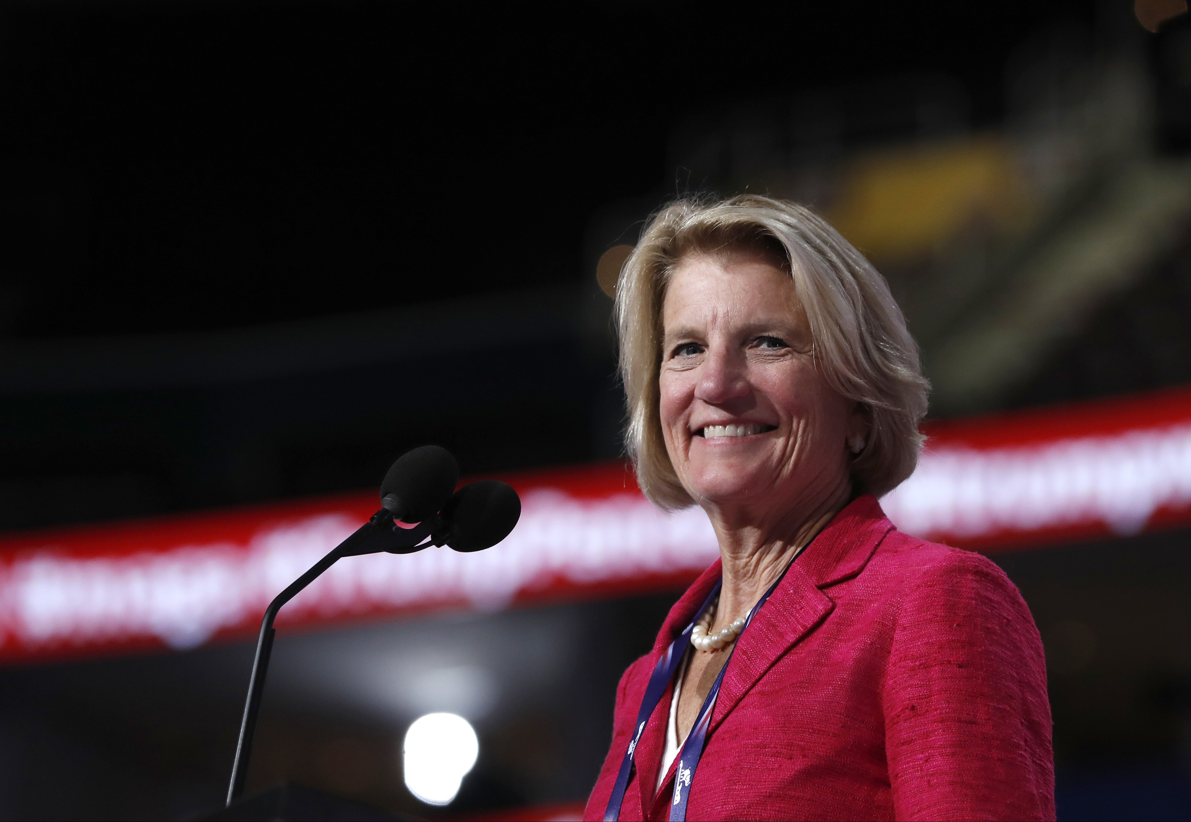 Sen. Shelley Moore Capito, R-W.Va., checks out the stage before the opening session of the Republican National Convention in Cleveland,July 18, 2016.