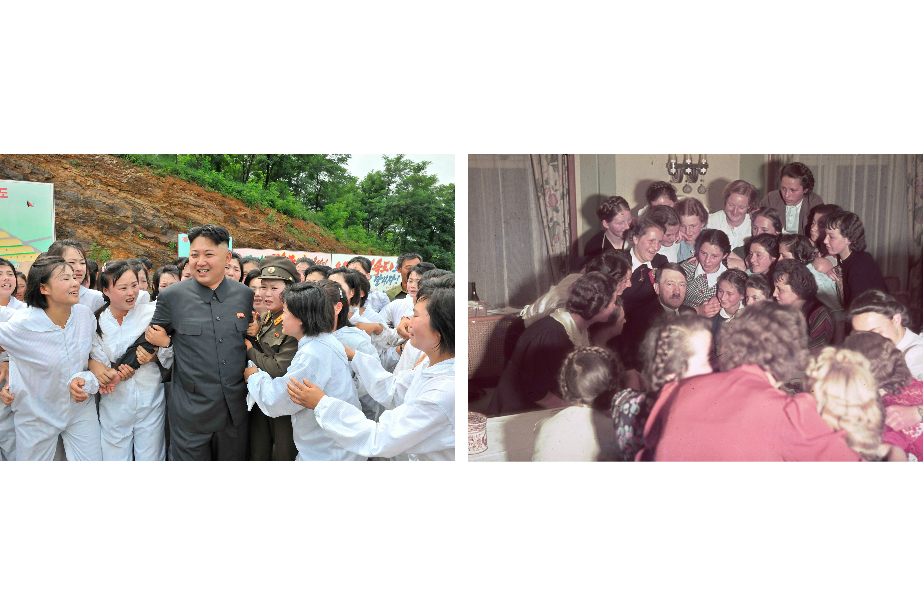 (Left) North Korean leader Kim Jong Un visits a mushroom farm in an undated photo released in July 2013 by North Korea's Korean Central News Agency (KCNA); (right) Adolf Hitler surrounded by adoring Austrian women and girls, 1939.