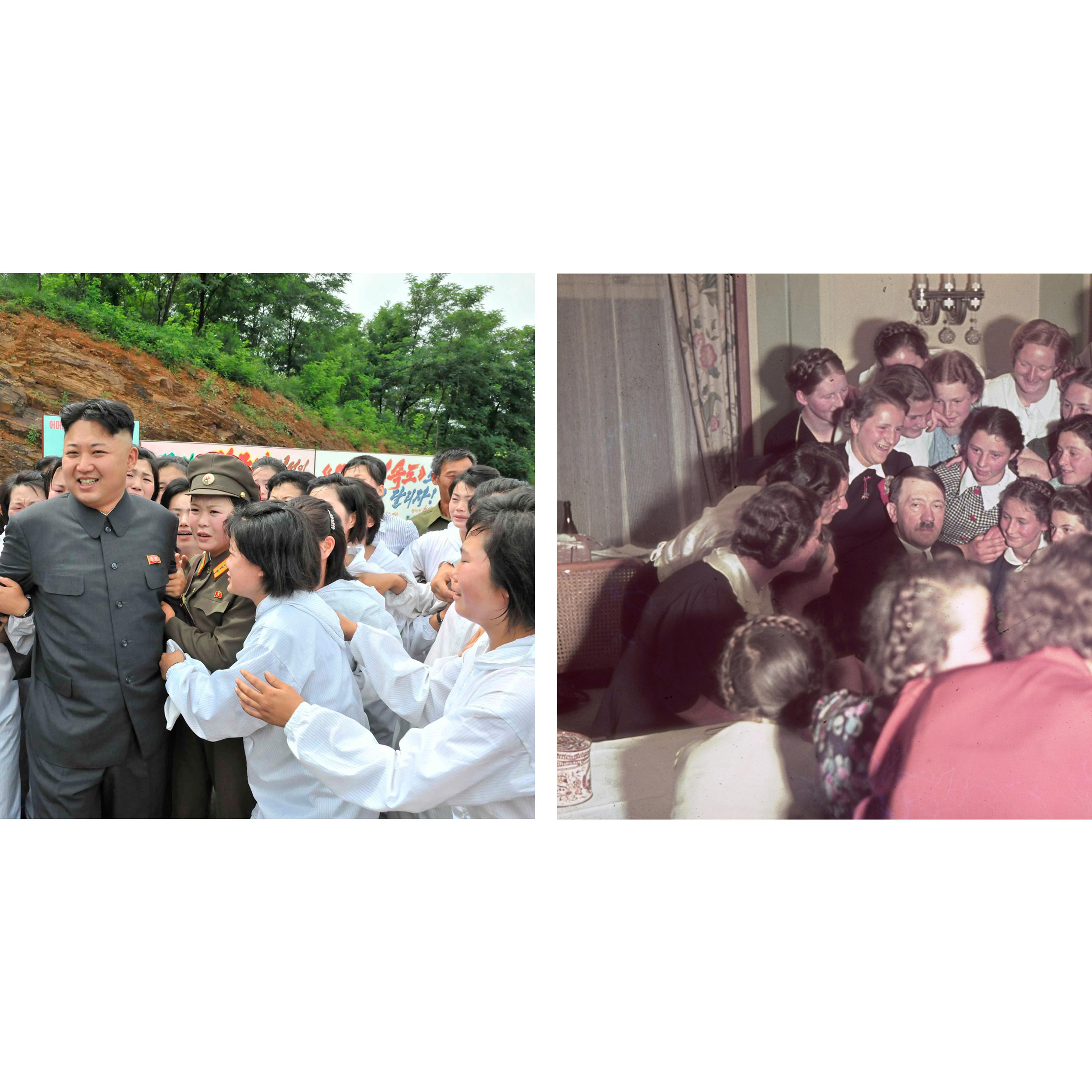 (Left) North Korean leader Kim Jong Un visits a mushroom farm in an undated photo released in July 2013 by North Korea's Korean Central News Agency (KCNA); (right) Adolf Hitler surrounded by adoring Austrian women and girls, 1939.