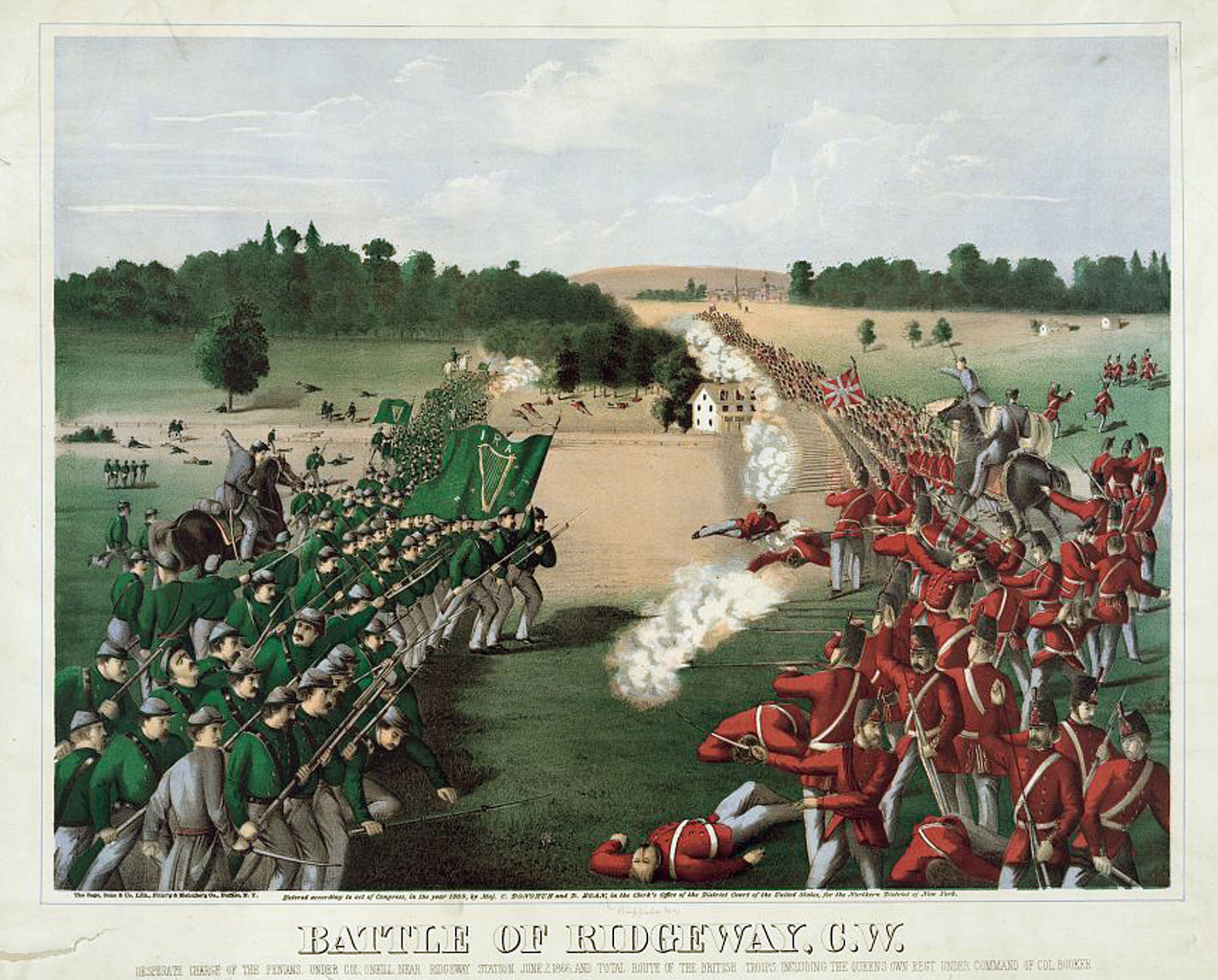 Battle of Ridgeway, Ontario (Canada West) 2 June 1866. Rout of Canadian troops by an irregular Irish-American army, the Fenians, left. An attempt put pressure on Britain to negotiate the formation of an Irish Republic. Coloured lithograph c1868.