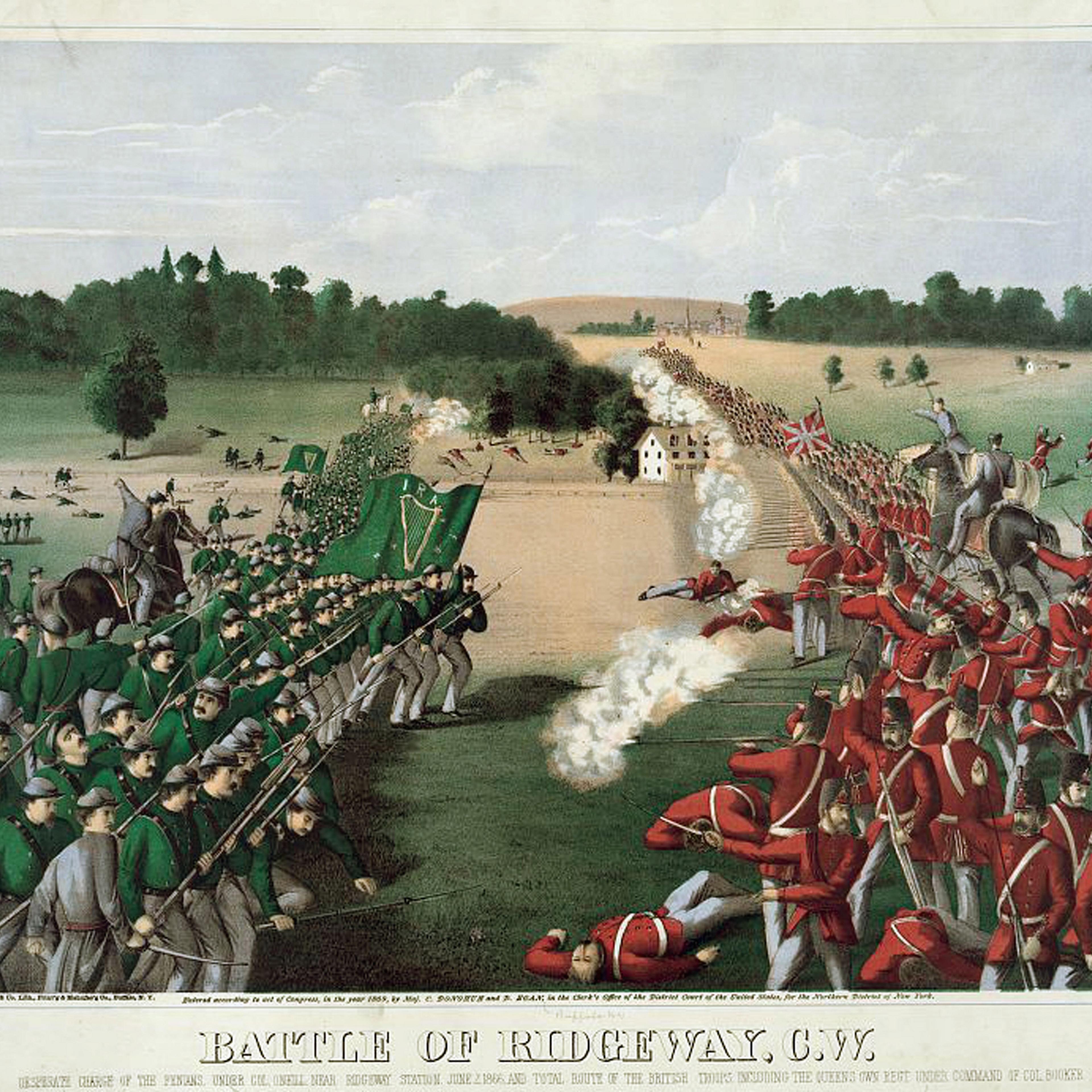 Battle of Ridgeway, Ontario (Canada West) 2 June 1866. Rout of Canadian troops by an irregular Irish-American army, the Fenians, left. An attempt put pressure on Britain to negotiate the formation of an Irish Republic. Coloured lithograph c1868.