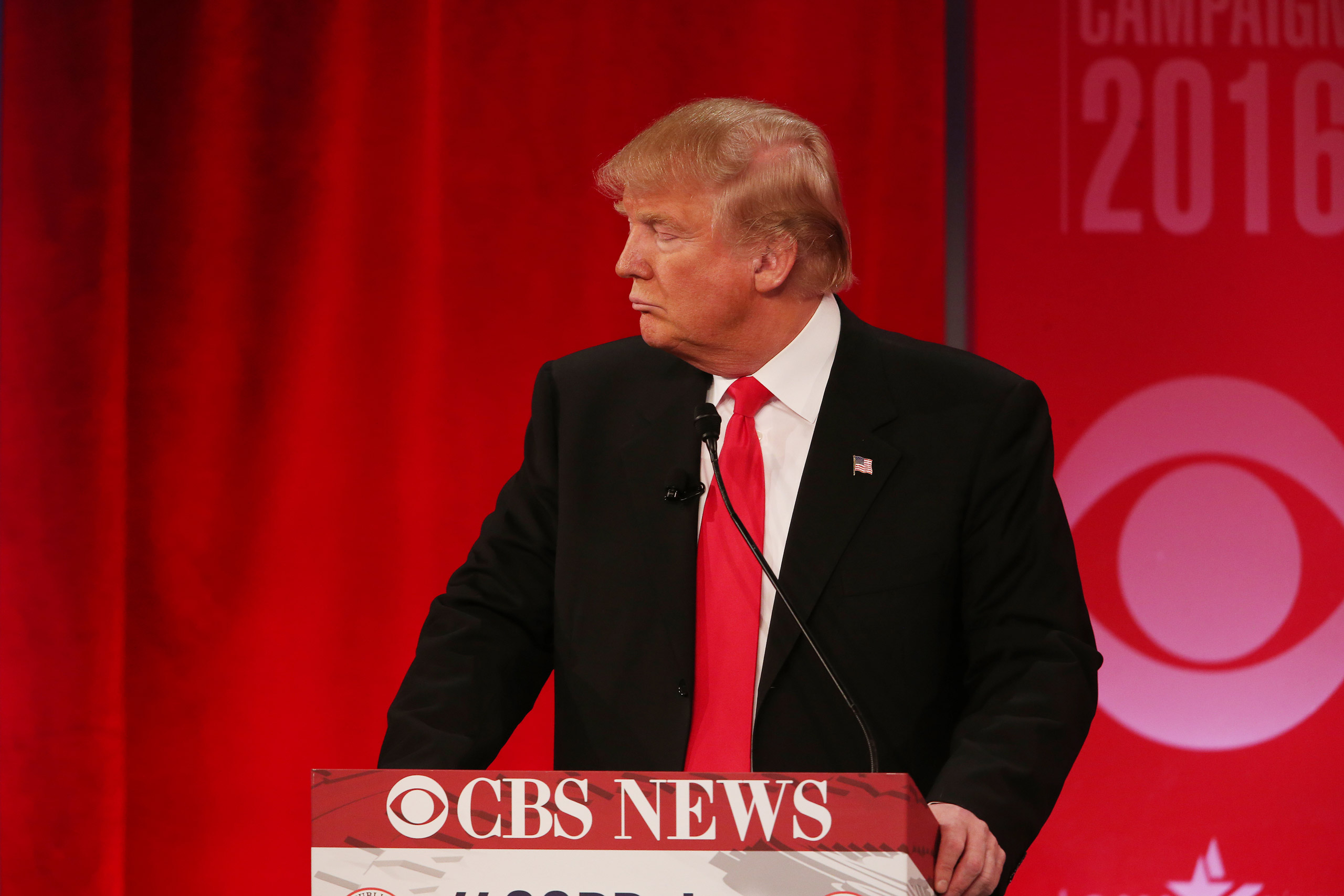 Republican presidential candidate, businessman Donald Trump speaks during the CBS News Republican presidential debate at the Peace Center, Saturday, Feb. 13, 2016, in Greenville, S.C. (AP Photo/John Bazemore)