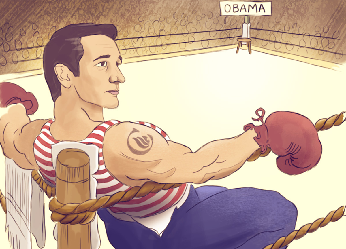 An online ad shows Texas Sen. Ted Cruz in an empty boxing ring waiting to face President Obama.