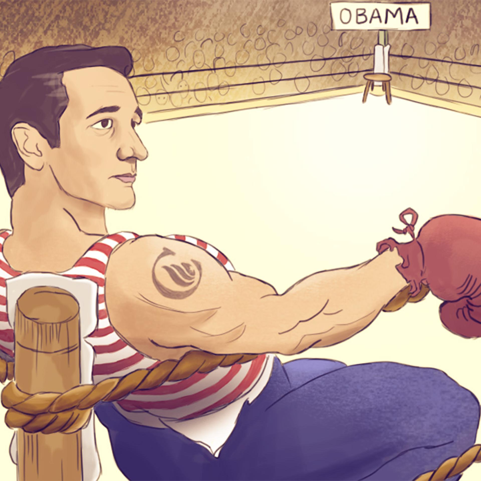 An online ad shows Texas Sen. Ted Cruz in an empty boxing ring waiting to face President Obama.