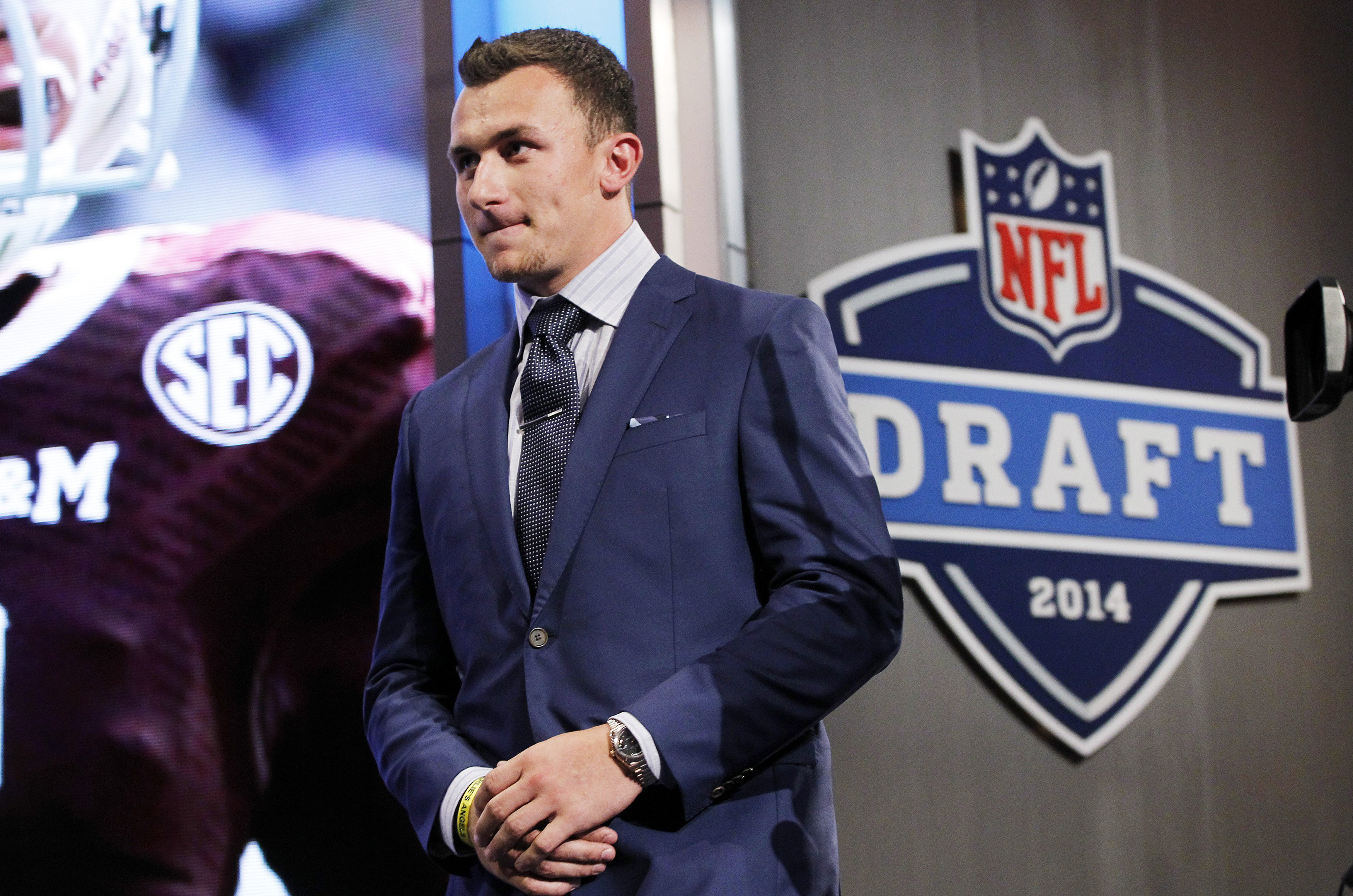 Texas A&M quarterback Johnny Manziel walks on the stage before the start of the 2014 NFL Draft at Radio City Music Hall in New York on May 8, 2014.