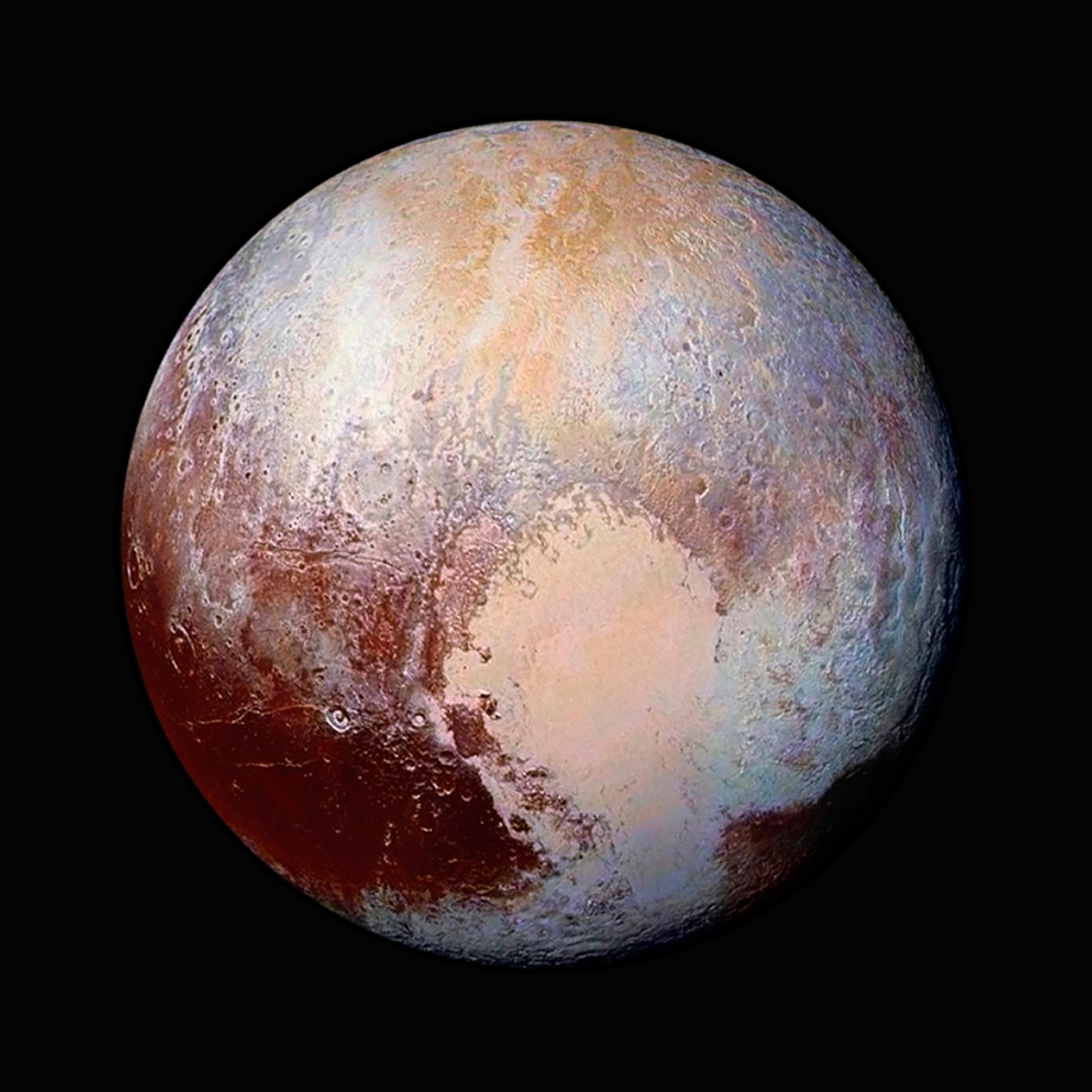 Pluto photo from four images from New Horizons' Long Range Reconnaissance Imager (LORRI) combined with color data from the Ralph instrument