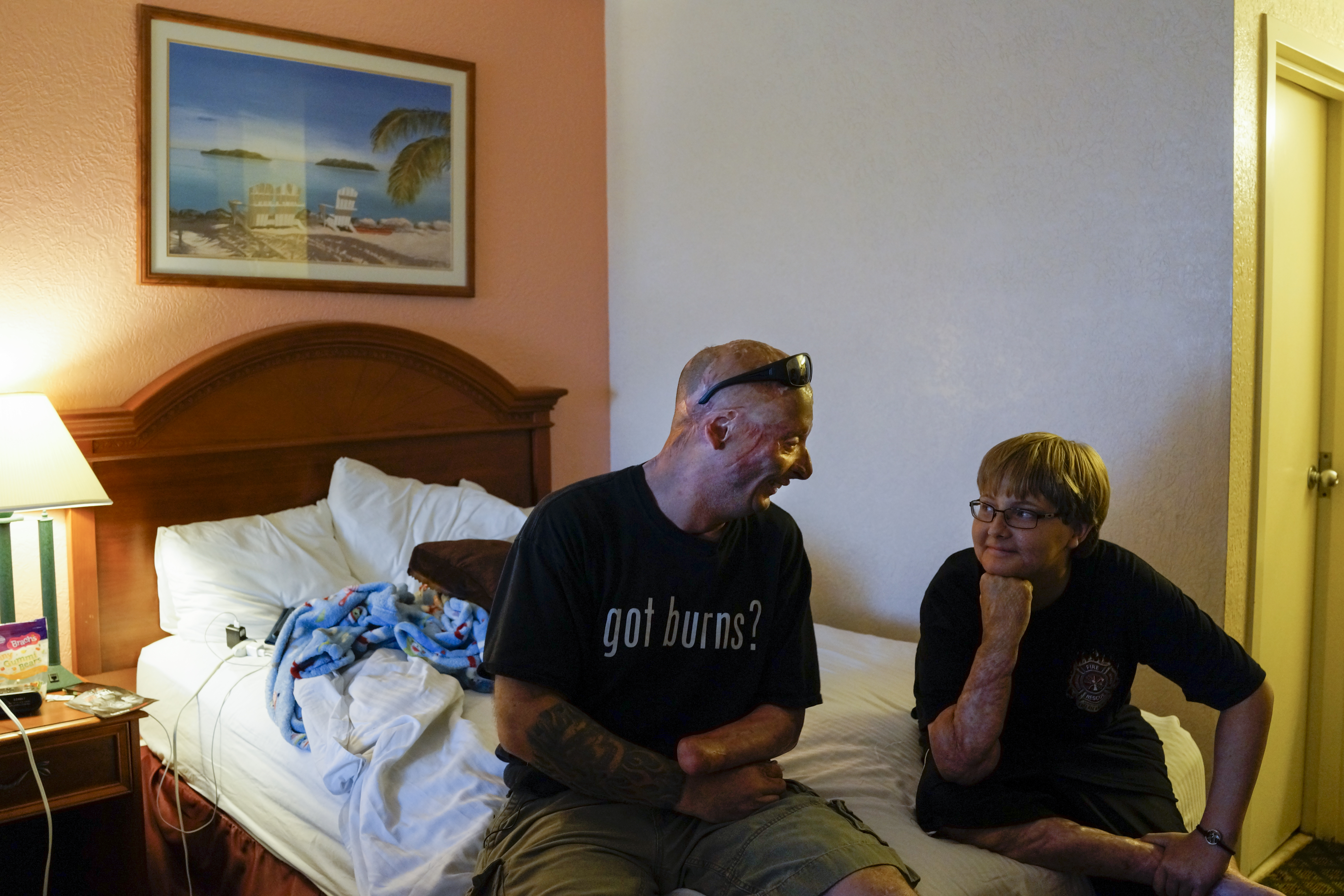 2013. Galveston, TX. USA. Bobby tells jokes to Grant, a 12-year old who was burned as a toddler and was about to undergo his 37th surgery. Bobby went to visit him to cheer him up. Bobby says "Most humans will never understand what it's like to be burnt. 
