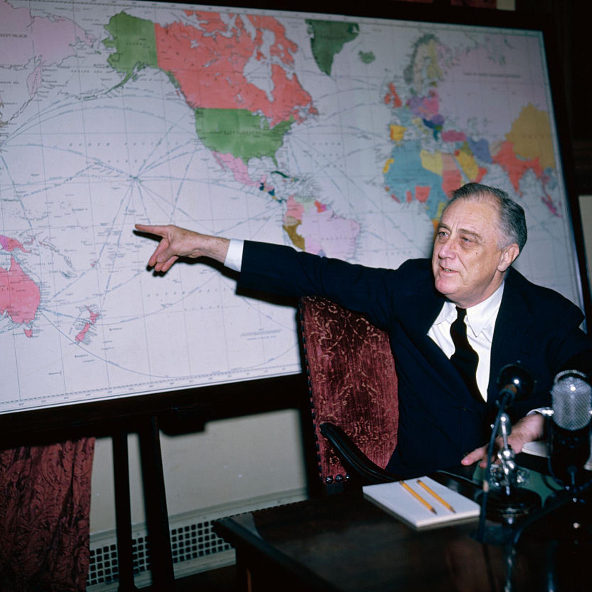 US President Franklin Delano Roosevelt Pointing to Map