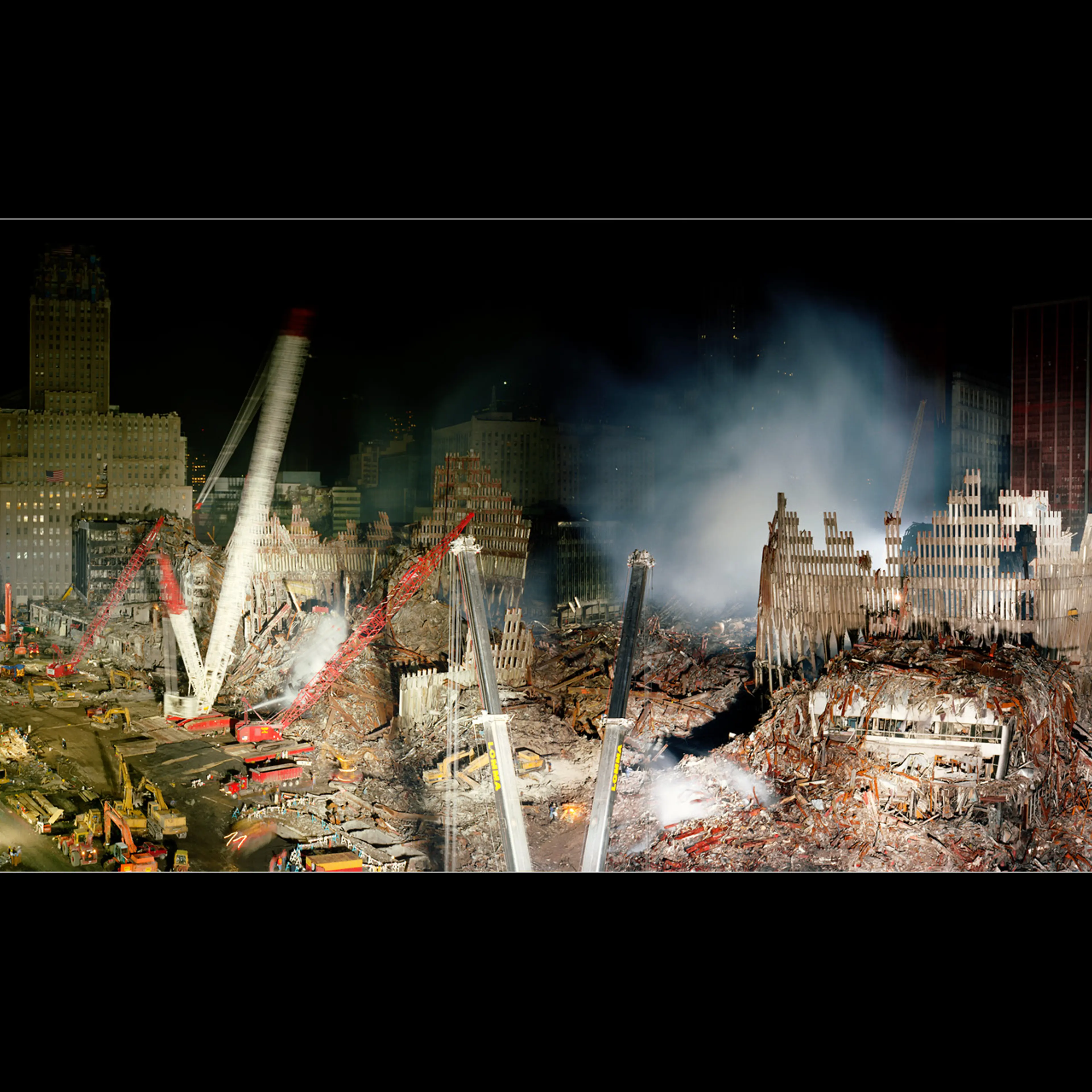 A panorama looking northeast across Ground Zero made two weeks after the terrorist attacks on Sept. 11, 2001. Meyerowitz assembled the image from multiple frames he had made on the ninth floor of the World Financial Center