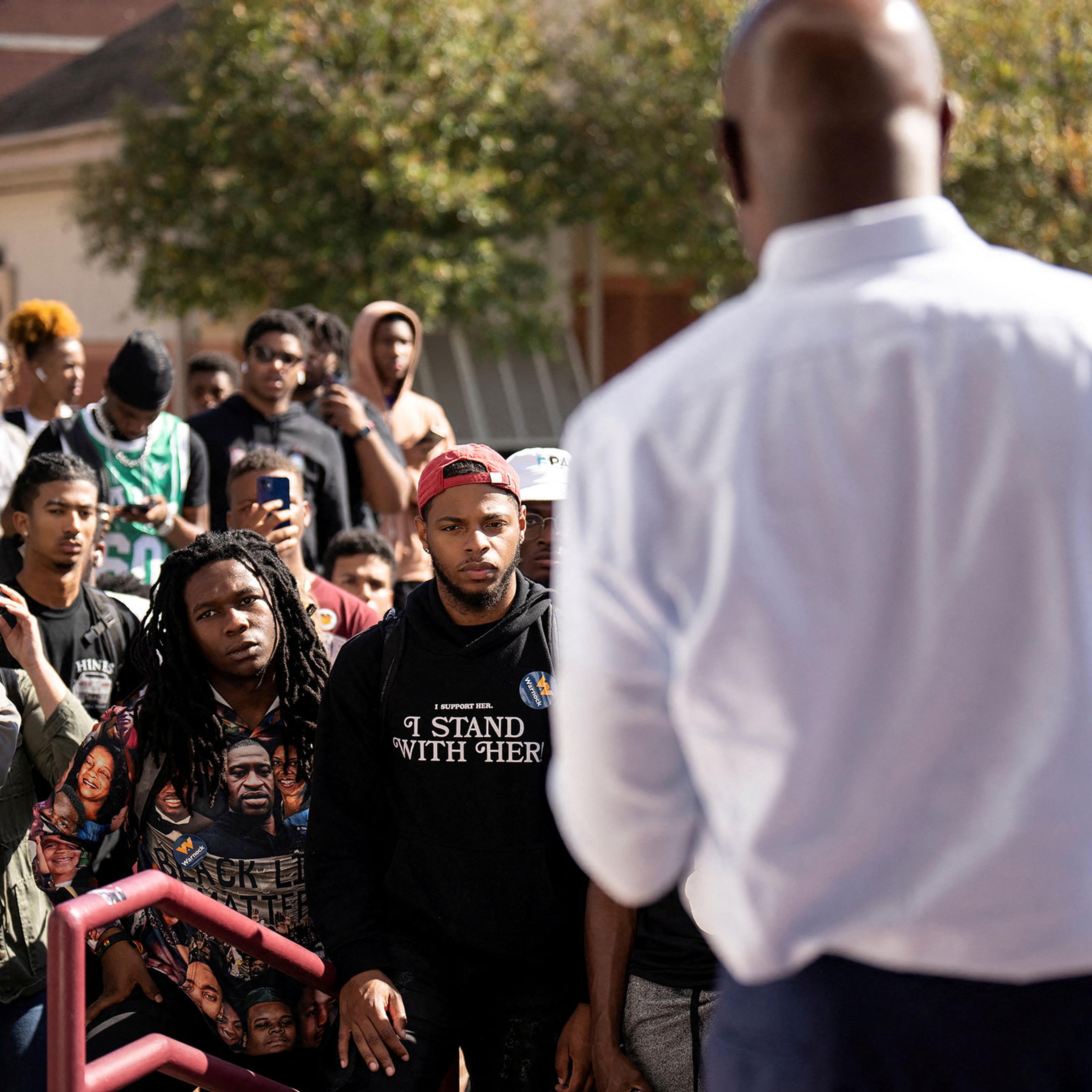 Rev. Raphael Warnock, Democratic Senator from Georgia, speaks to students at Atlanta University during a midterm election campaign event in Atlanta, on Nov. 8, 2022.