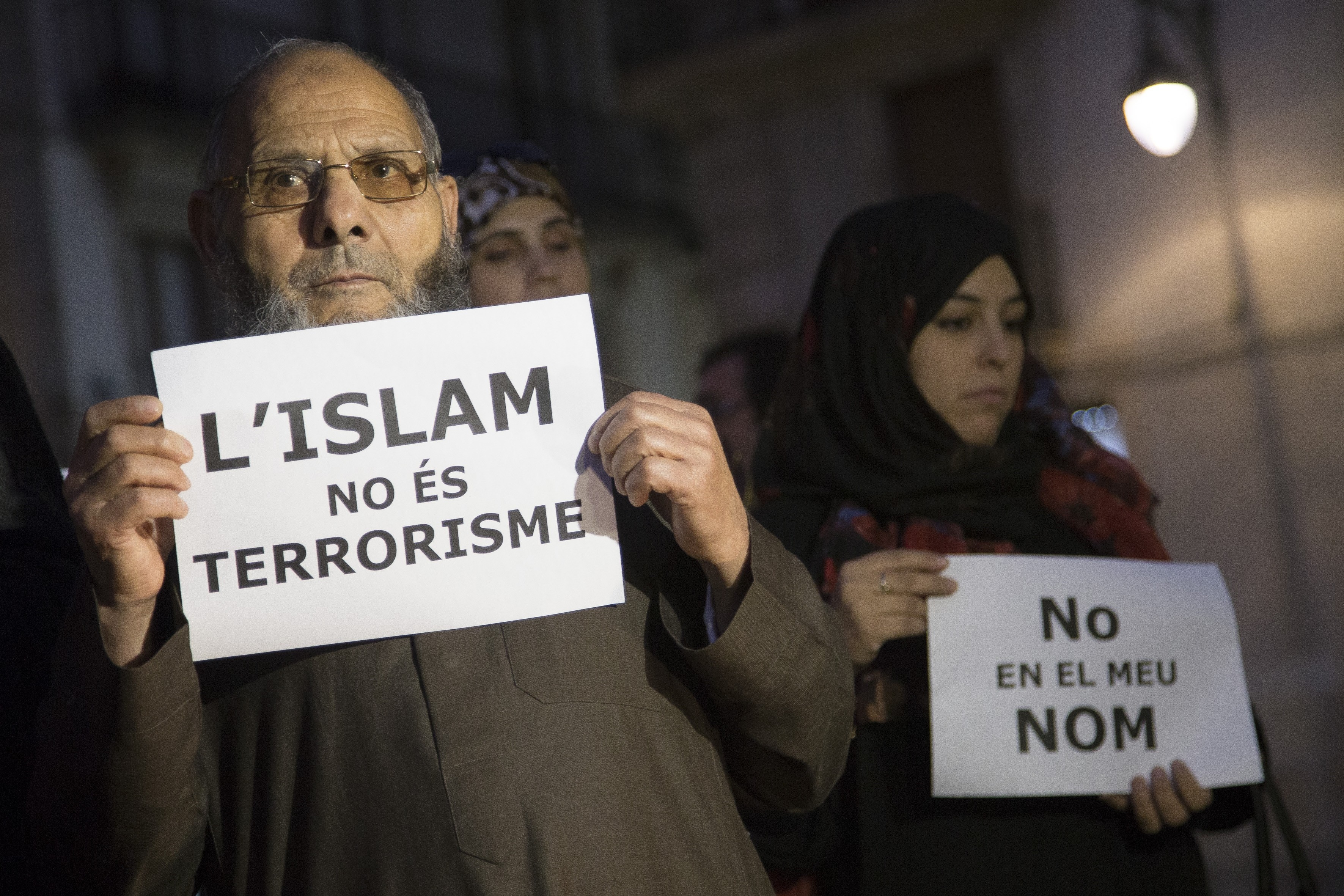 Muslims from Barcelona gather to condemn the terror attacks in Paris in Barcelona, Spain on Nov. 16, 2015.