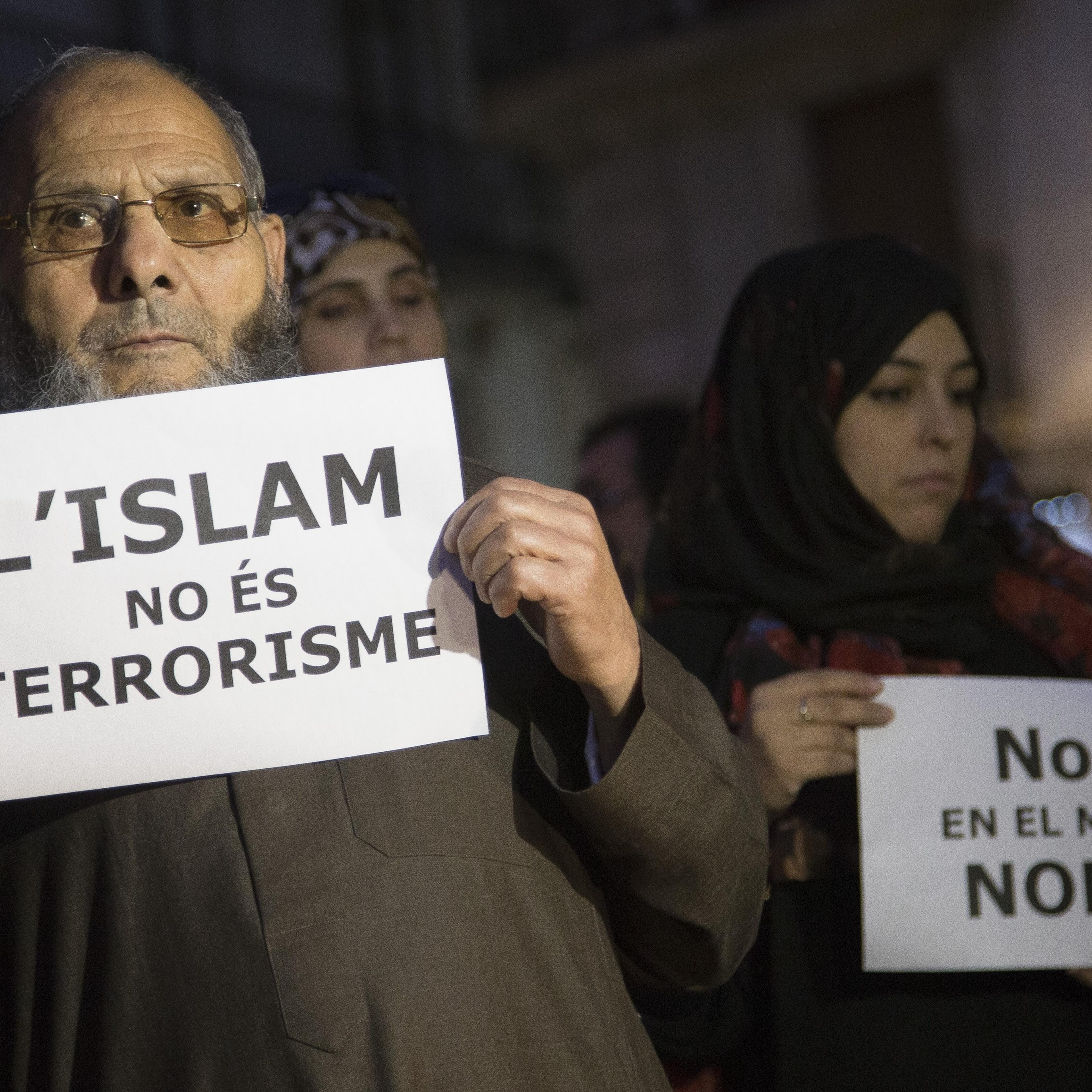 Muslims from Barcelona gather to condemn the terror attacks in Paris in Barcelona, Spain on Nov. 16, 2015.