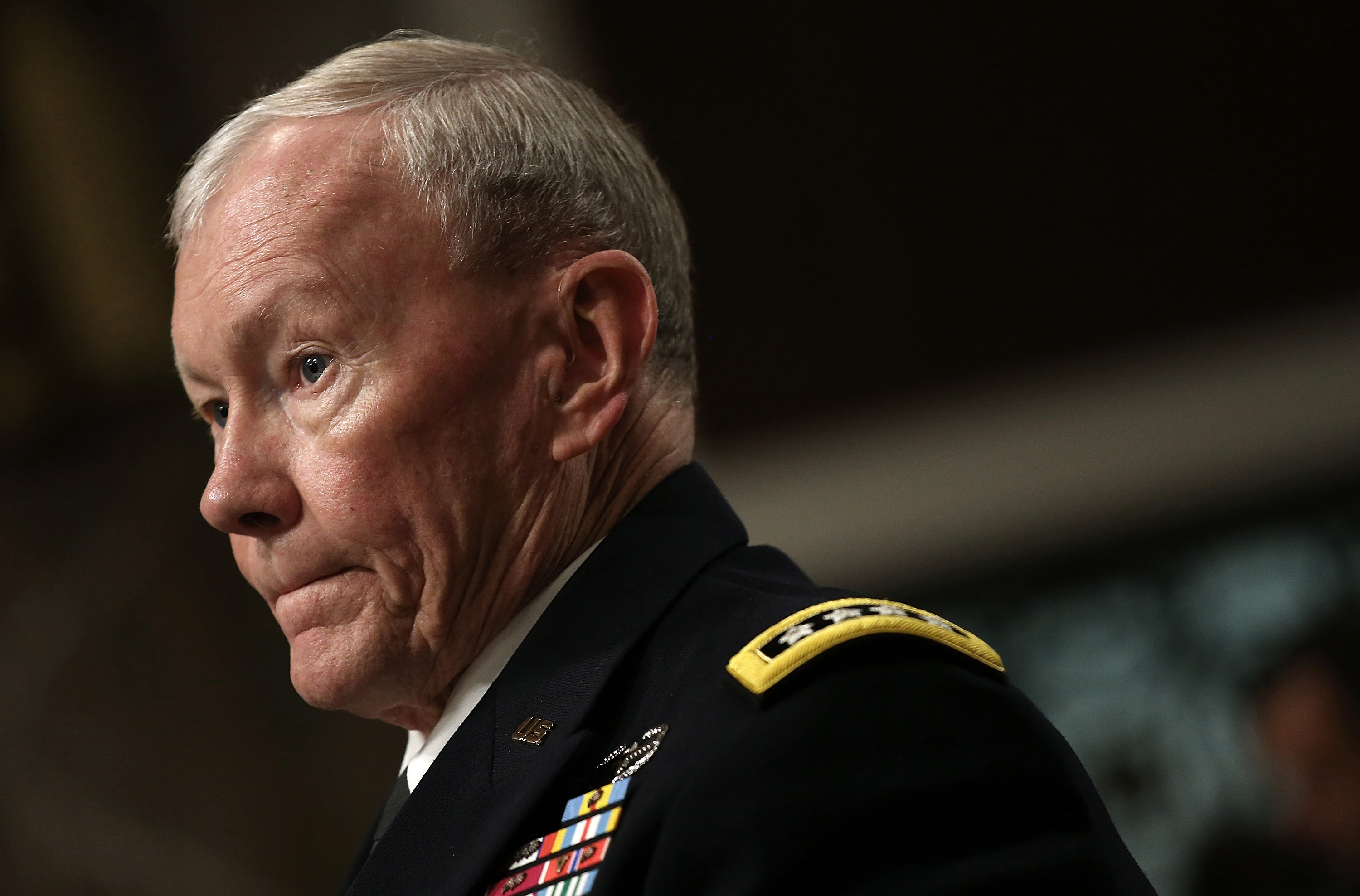 WASHINGTON, DC - JULY 07:  U.S. Joint Chiefs of Staff Chairman Gen. Martin Dempsey listens to questions during a hearing held by the Senate Armed Services Committee July 7, 2015 in Washington, DC. U.S. Secretary of Defense Ashto Carter and Dempsey testif