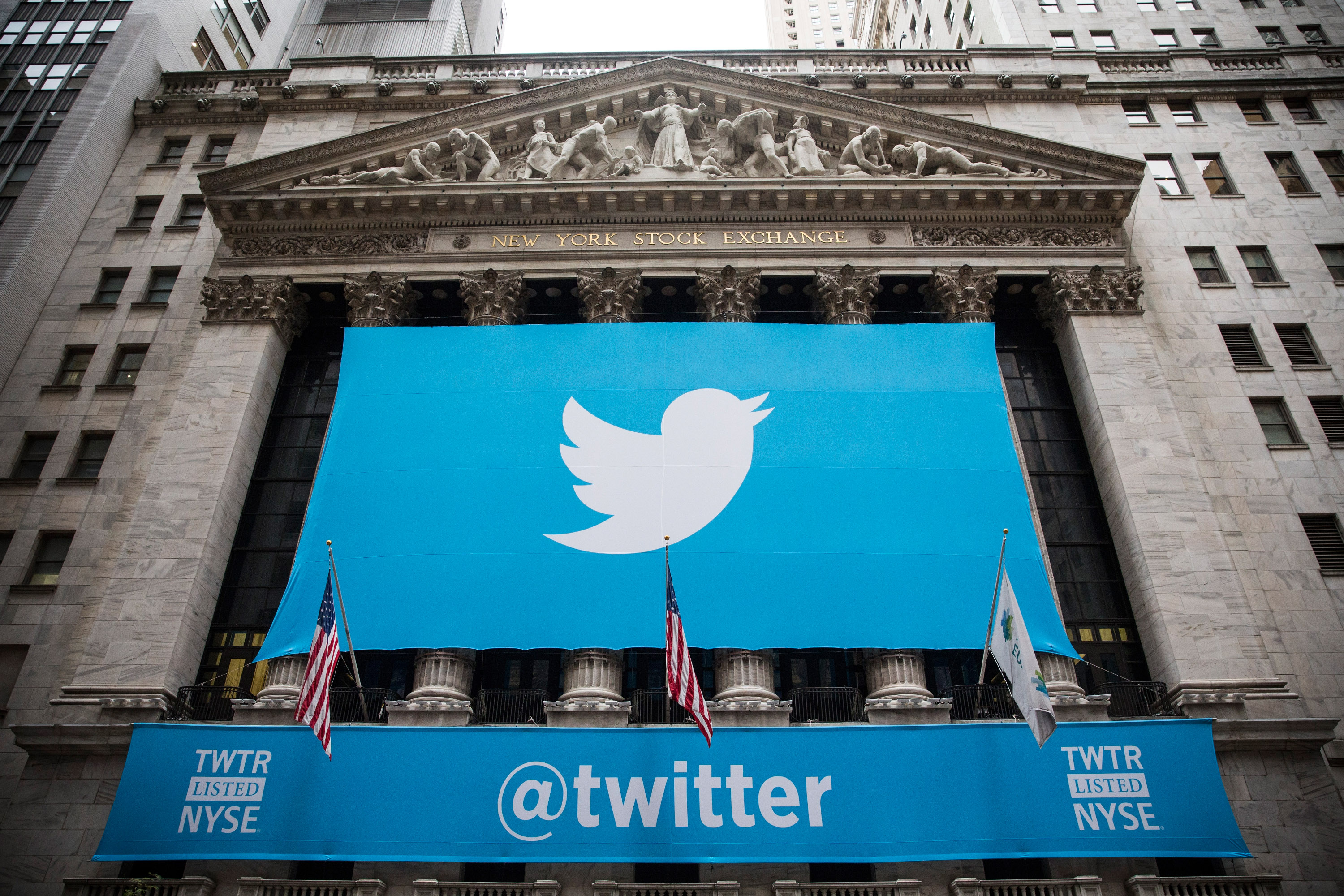 The Twitter logo is displayed on a banner outside the New York Stock Exchange on Nov. 7, 2013 in New York.