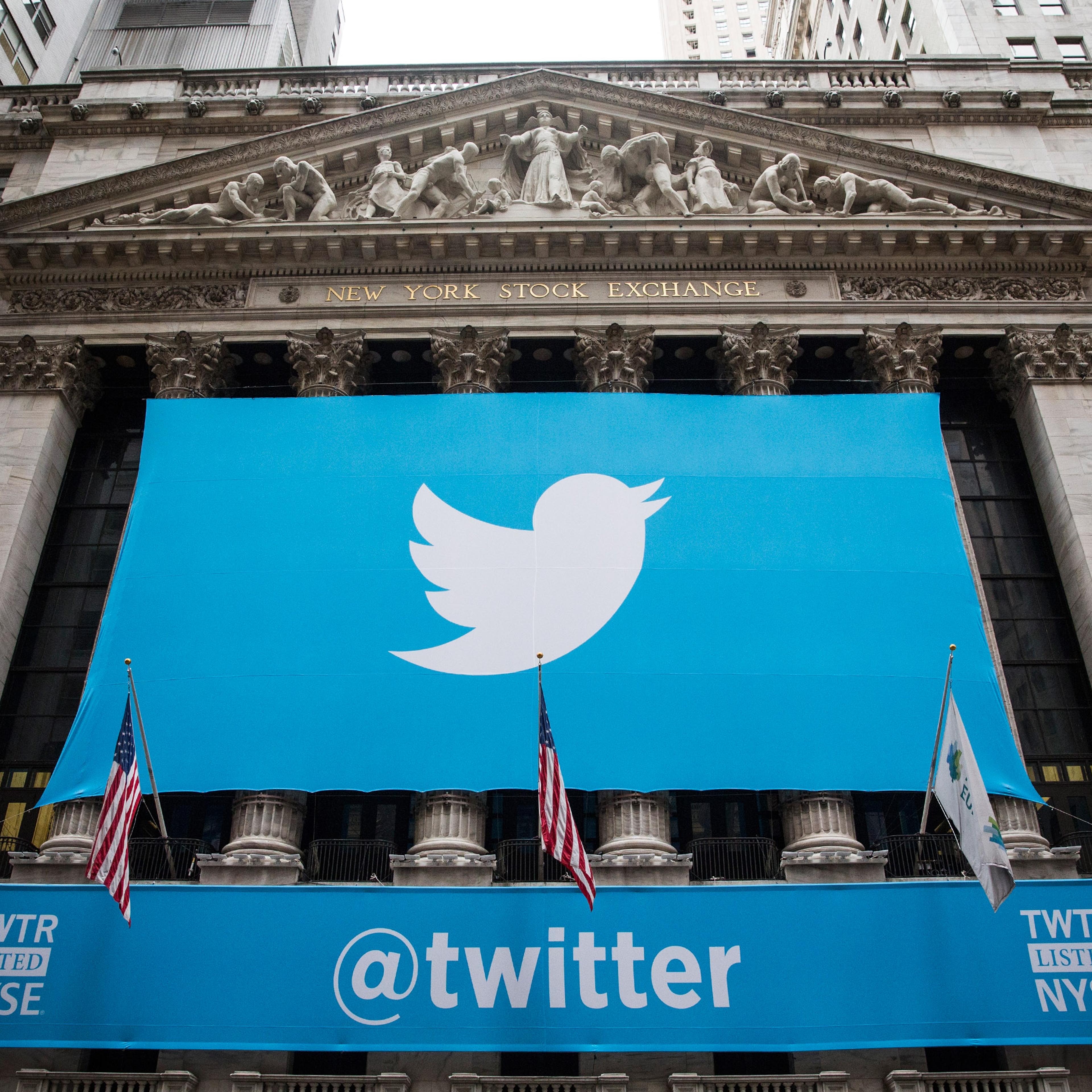The Twitter logo is displayed on a banner outside the New York Stock Exchange on Nov. 7, 2013 in New York.
