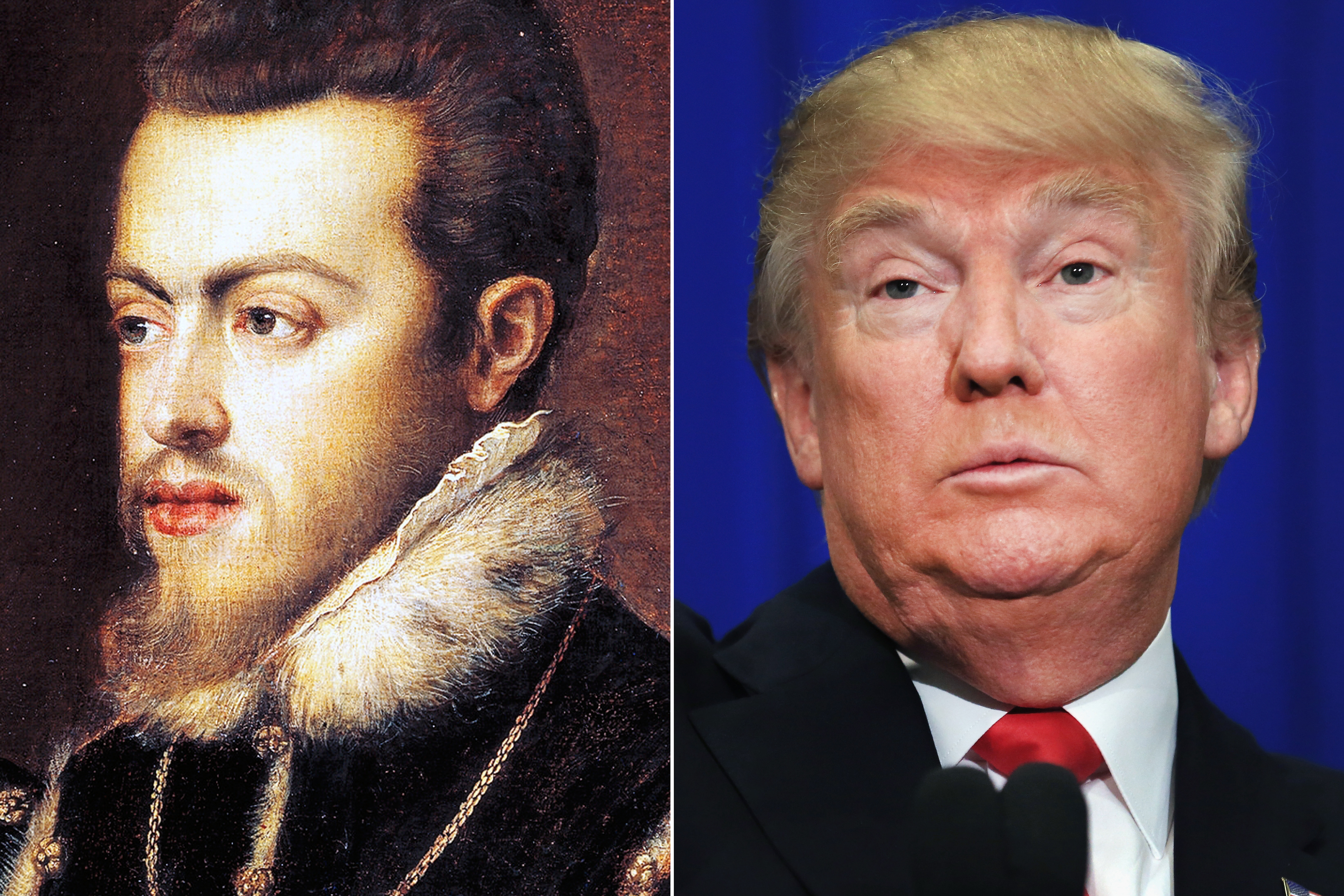 Painting by Titian, of Philip II of Spain (L); Donald Trump speaks in Fort Worth, TX, on Feb. 26, 2016.