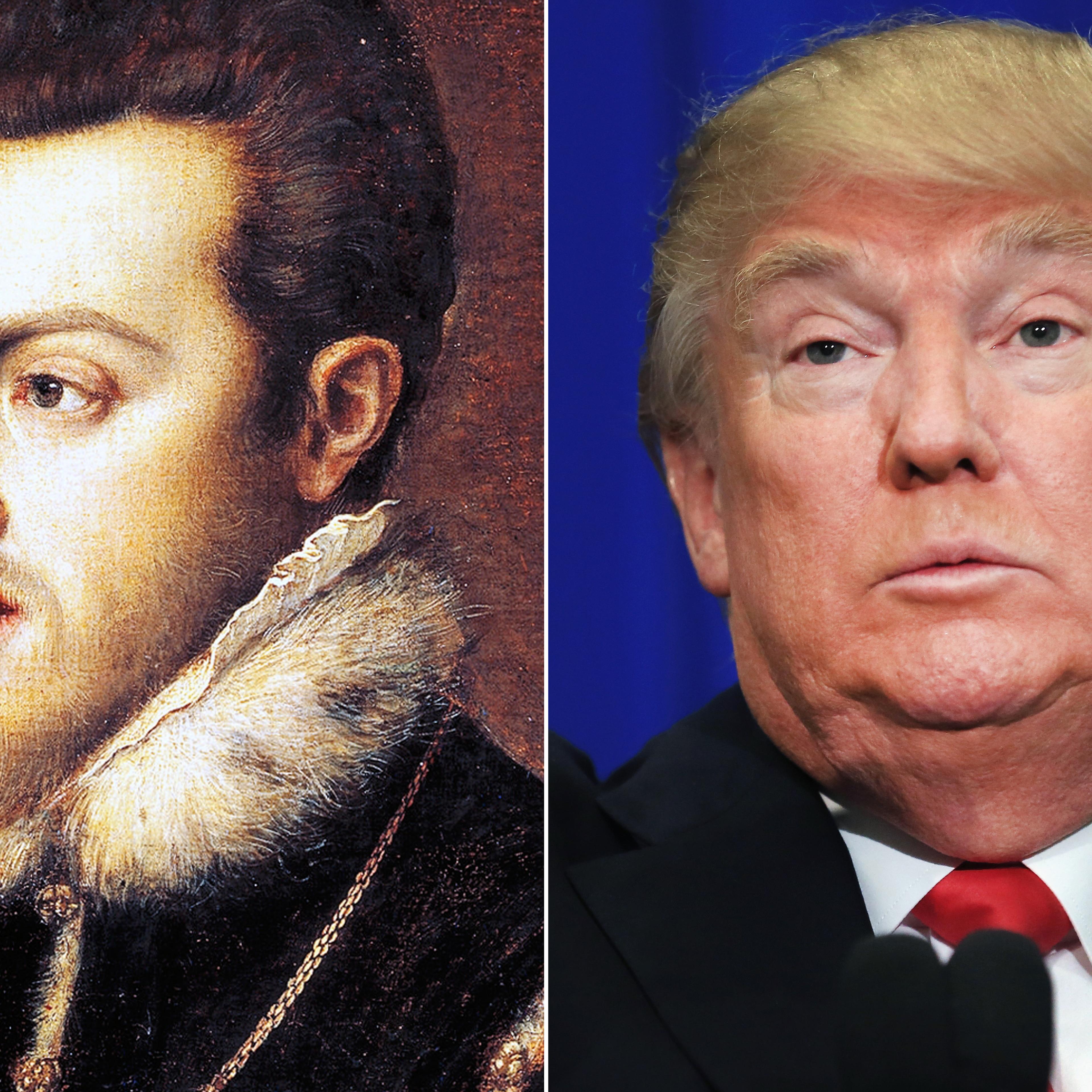Painting by Titian, of Philip II of Spain (L); Donald Trump speaks in Fort Worth, TX, on Feb. 26, 2016.