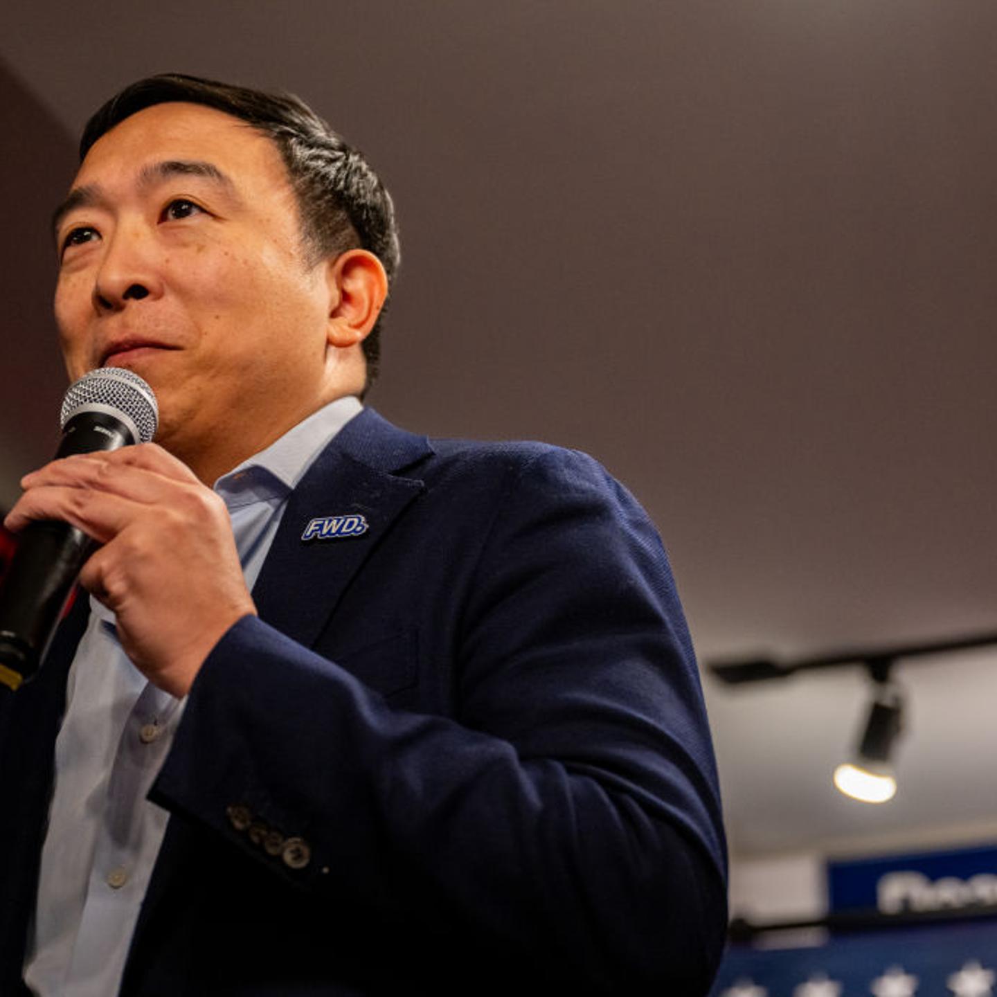 Andrew Yang speaks at a campaign rally for Democratic presidential candidate Dean Phillips in New Hampshire on Jan. 22, 2024.