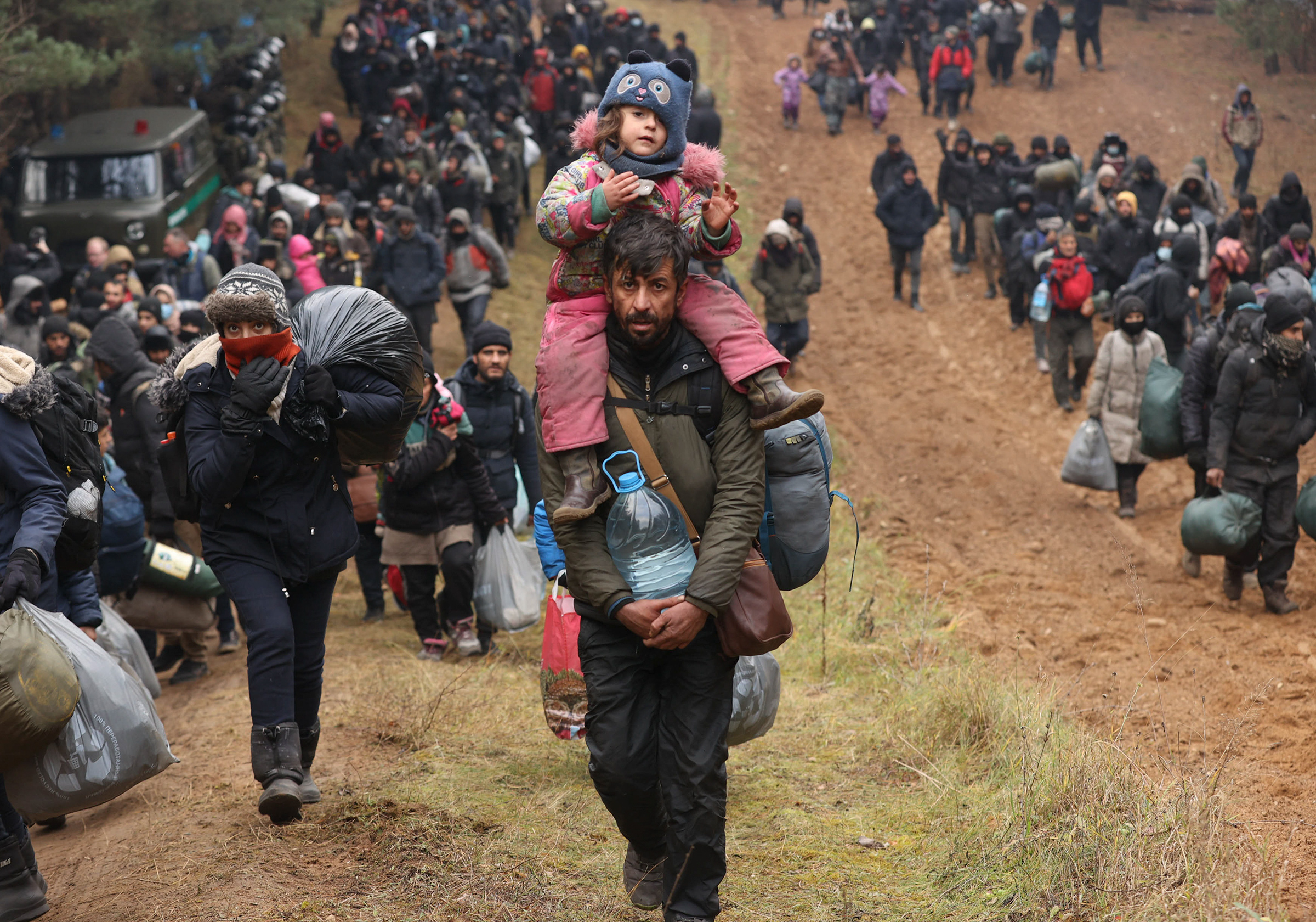 Migrants gather on the Belarusian-Polish border near Kuznica on Nov. 15