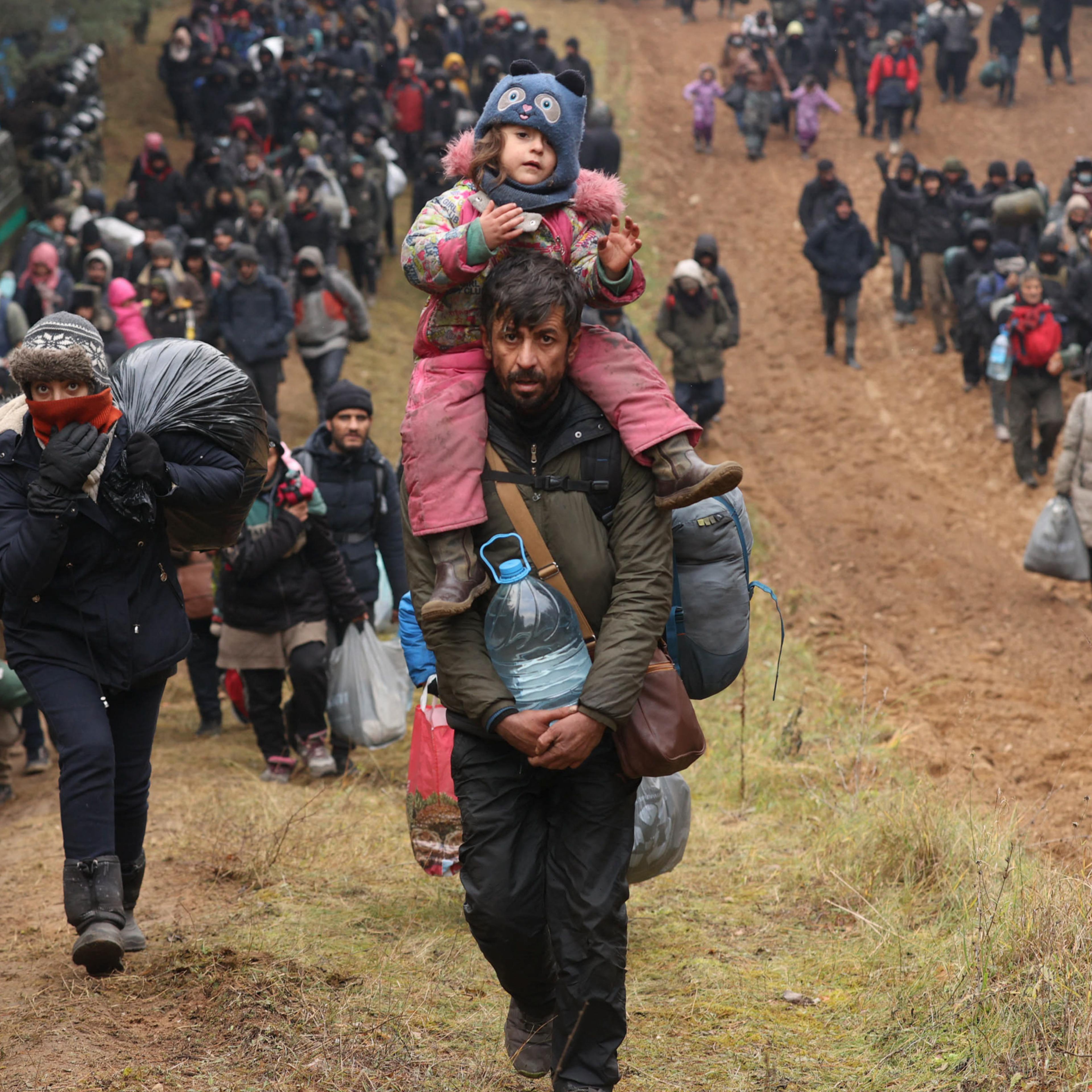 Migrants gather on the Belarusian-Polish border near Kuznica on Nov. 15