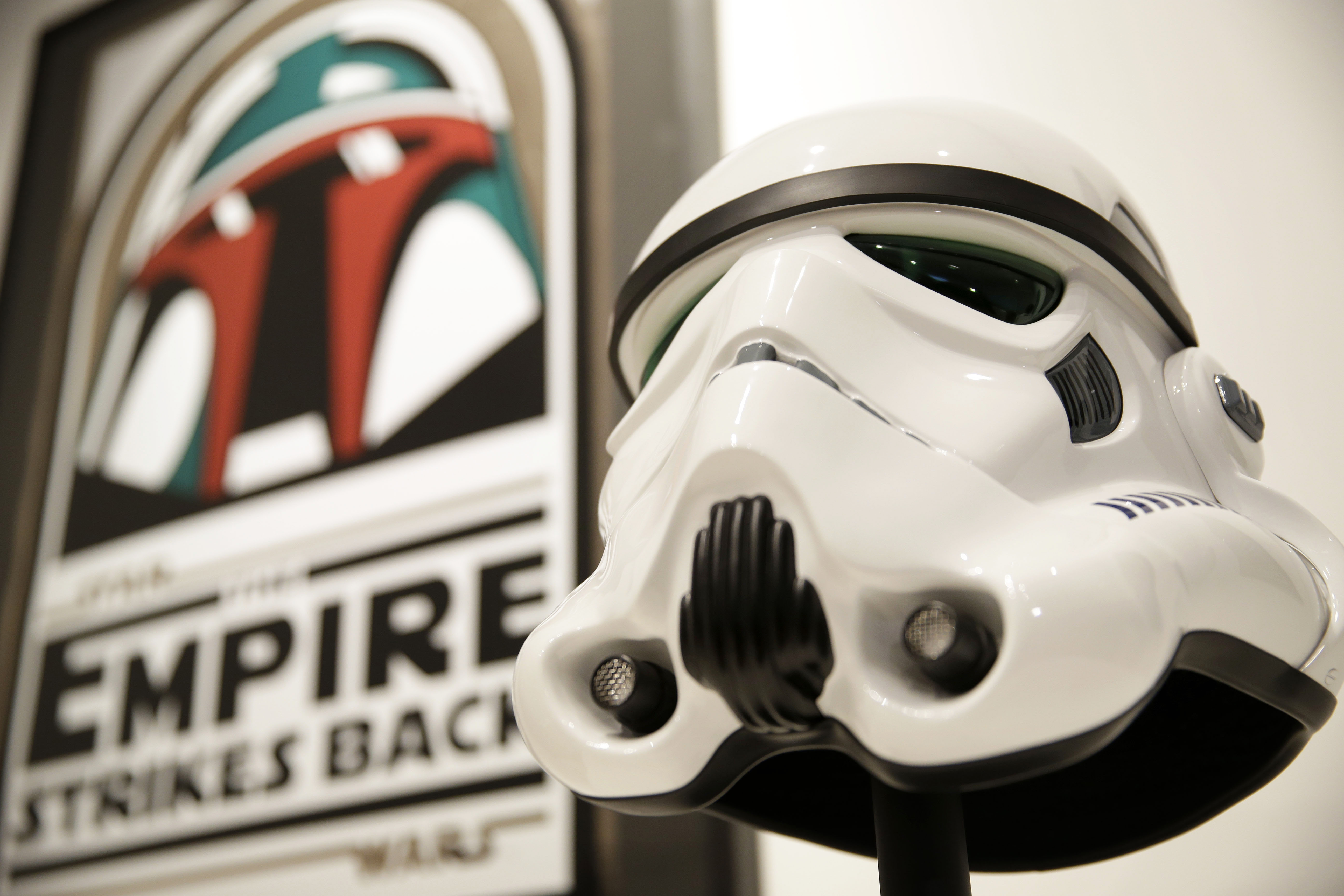 A replica of a Stormtrooper mask is displayed at Sotheby's in New York City on Dec. 2, 2015.