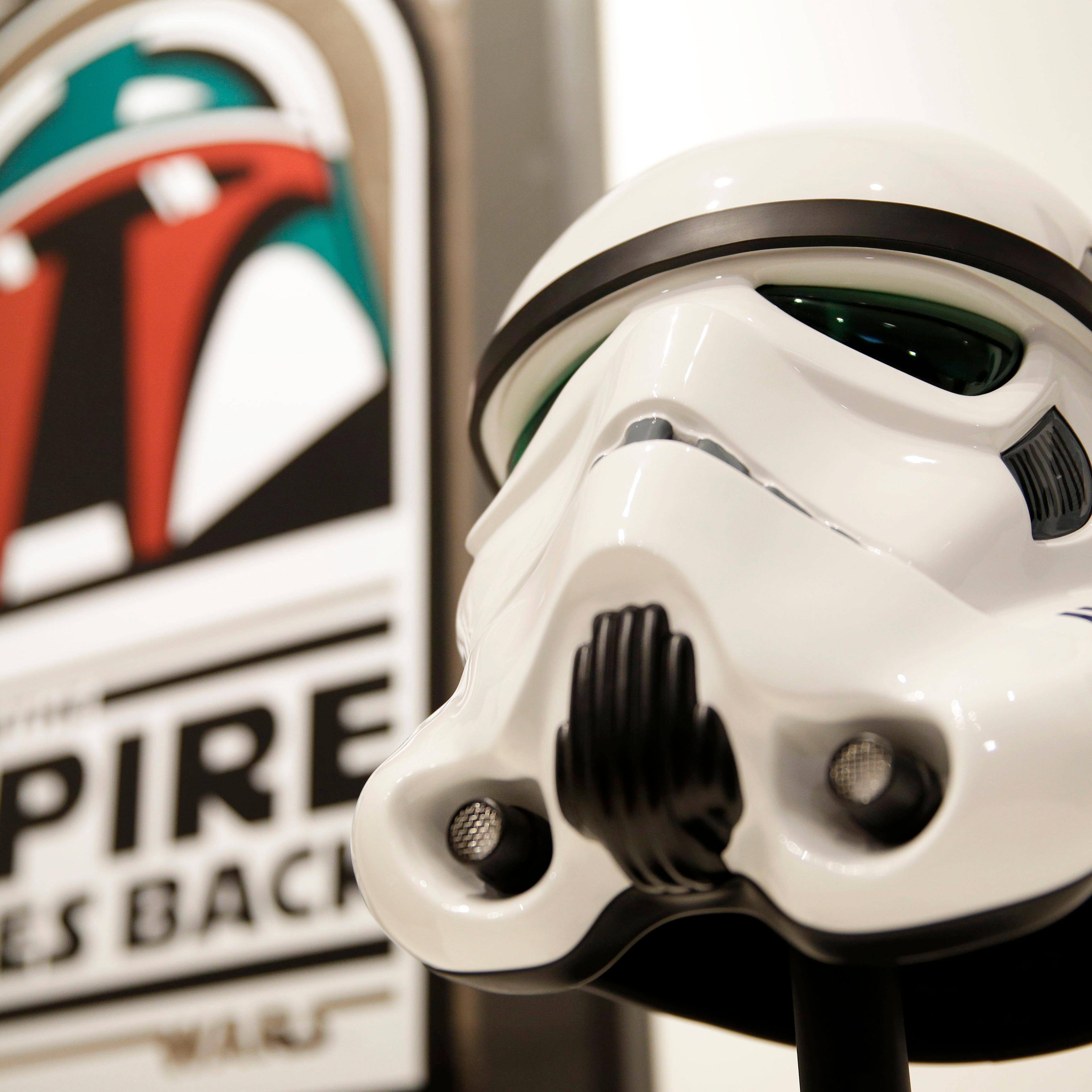 A replica of a Stormtrooper mask is displayed at Sotheby's in New York City on Dec. 2, 2015.