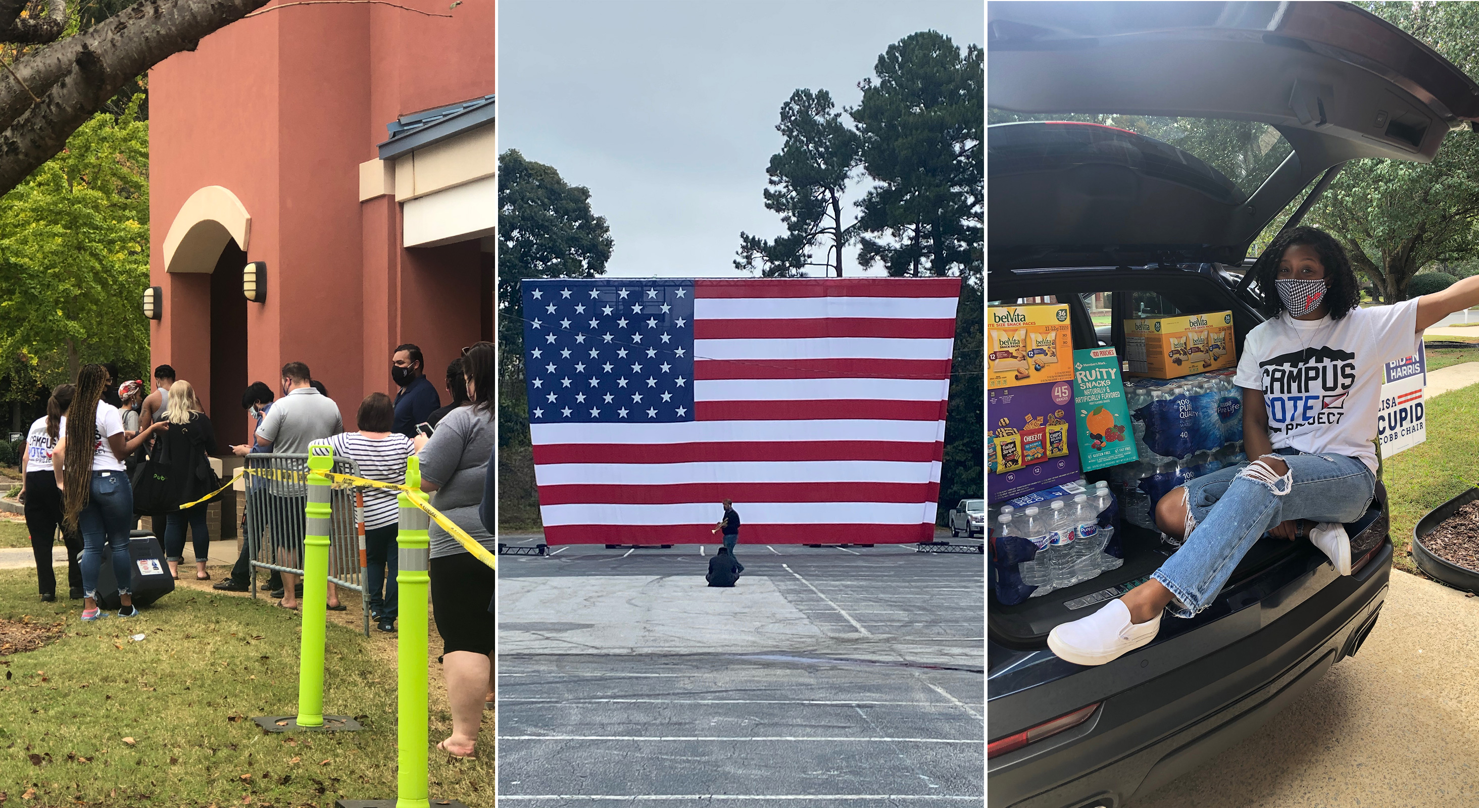 Left: Voter lines in Georgia; Center: a U.S. flag in Atlanta; Right: Ciarra Malone, pictured volunteering for the Campus Vote Project during early voting