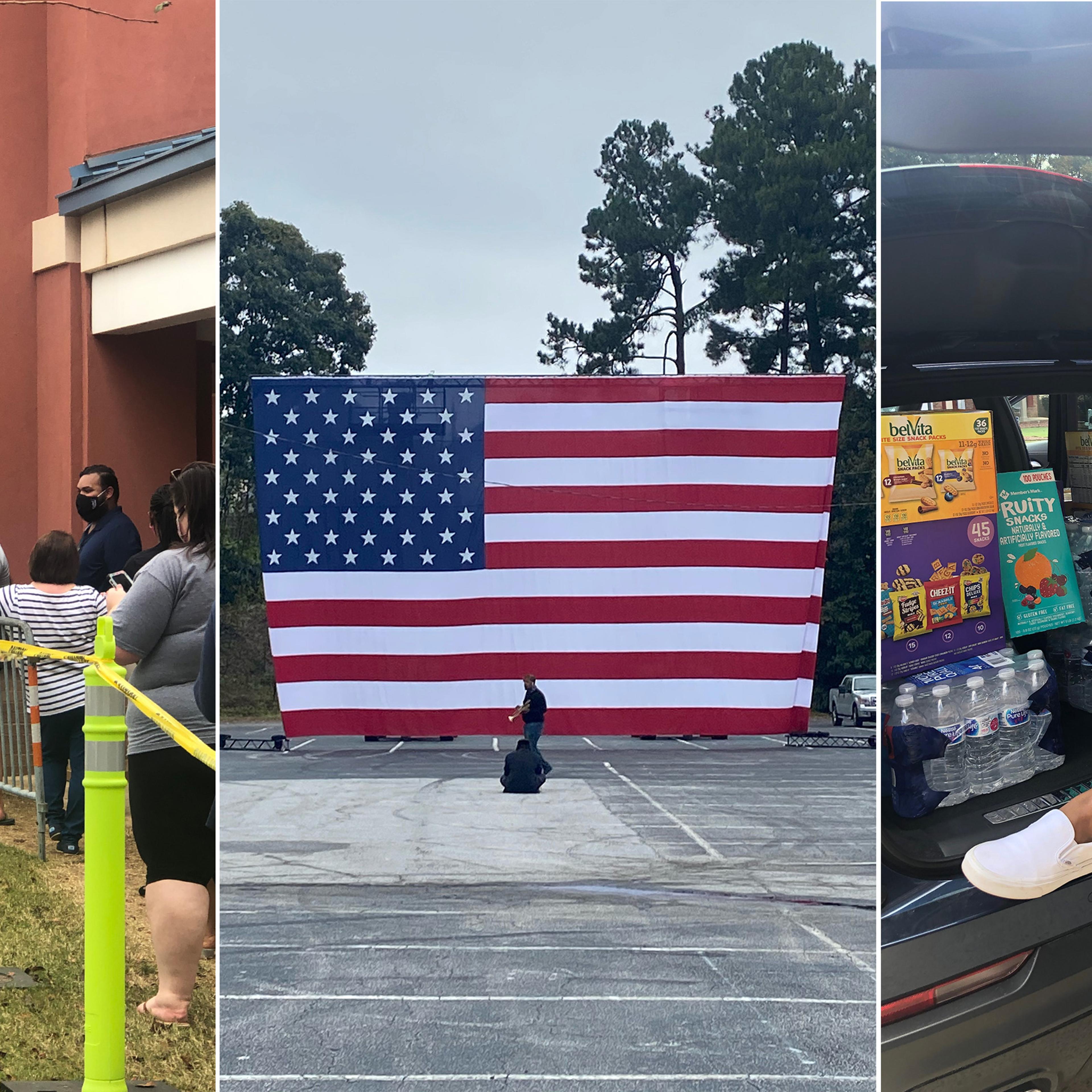 Left: Voter lines in Georgia; Center: a U.S. flag in Atlanta; Right: Ciarra Malone, pictured volunteering for the Campus Vote Project during early voting