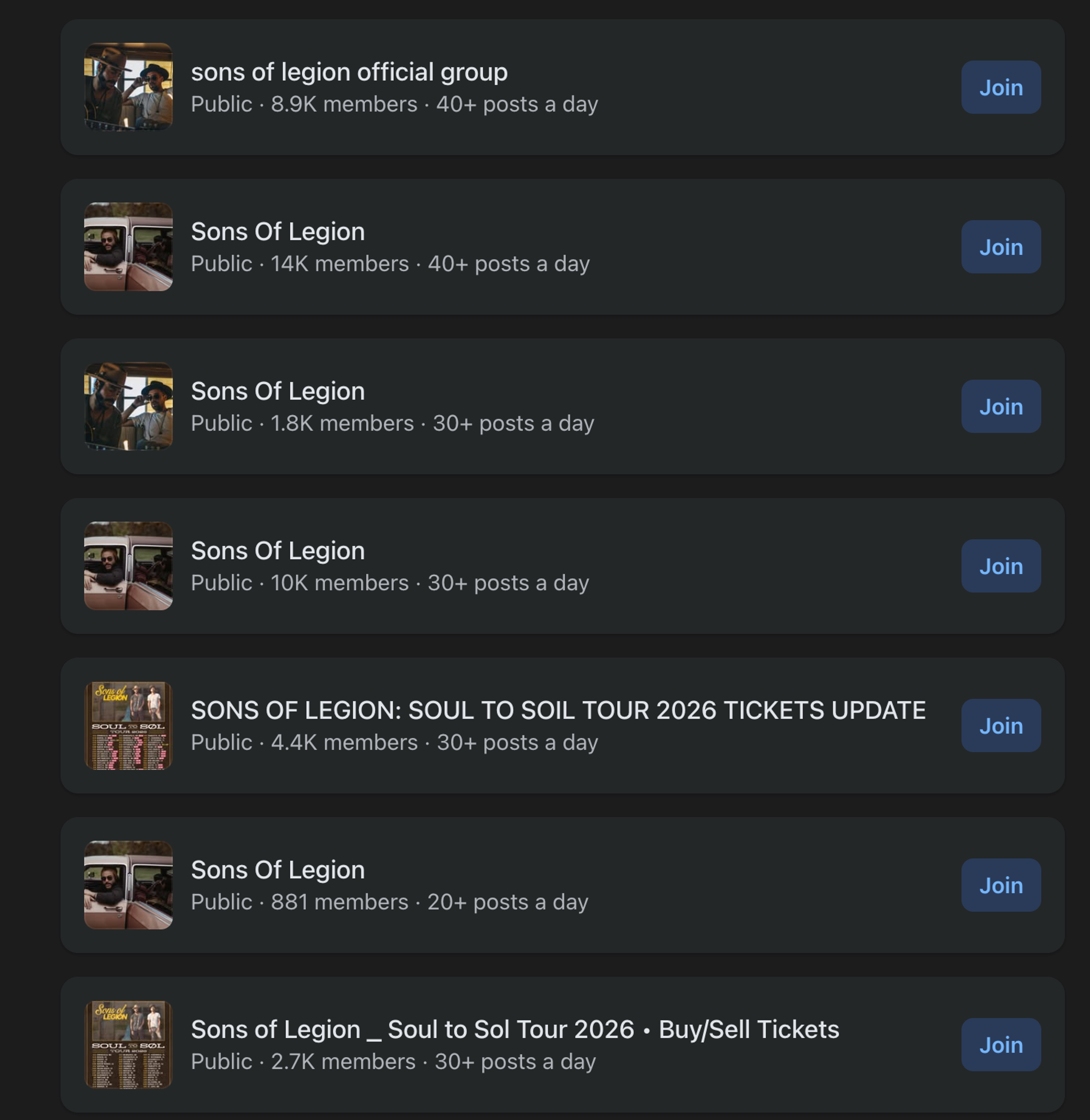 A screenshot of fake Sons of Legion accounts on Facebook.