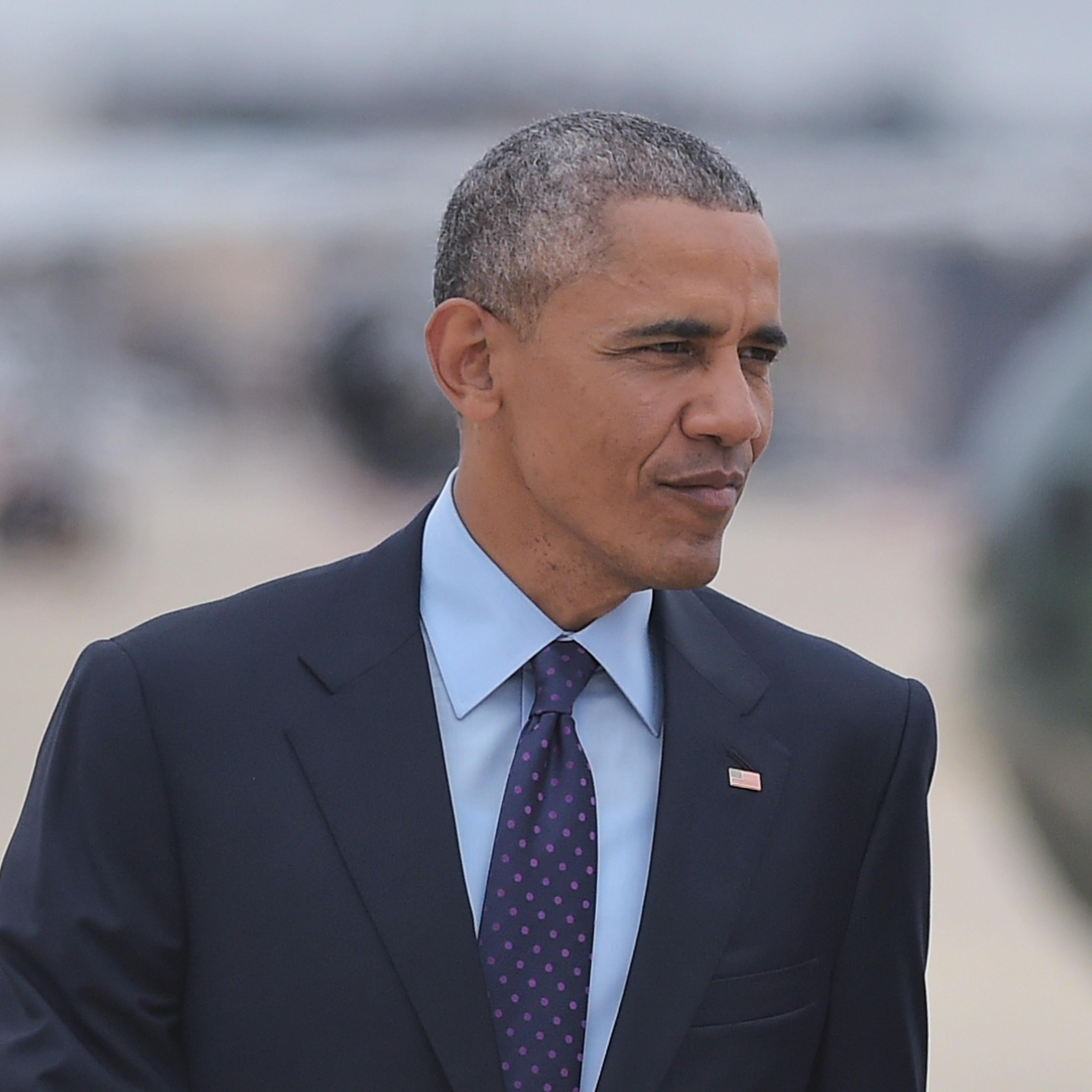 President Barack Obama makes his way to Air Force One before departing from Andrews Air Force Base in Maryland on April 8, 2015.