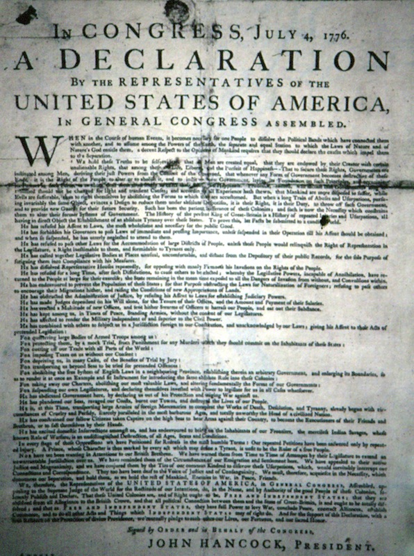 Declaration of independence 1776 from the Congress of Representatives. Signed by John Hancock, President of the Congress