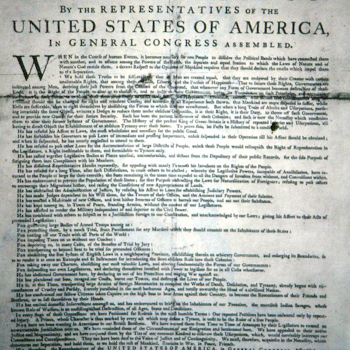 Declaration of independence 1776 from the Congress of Representatives. Signed by John Hancock, President of the Congress