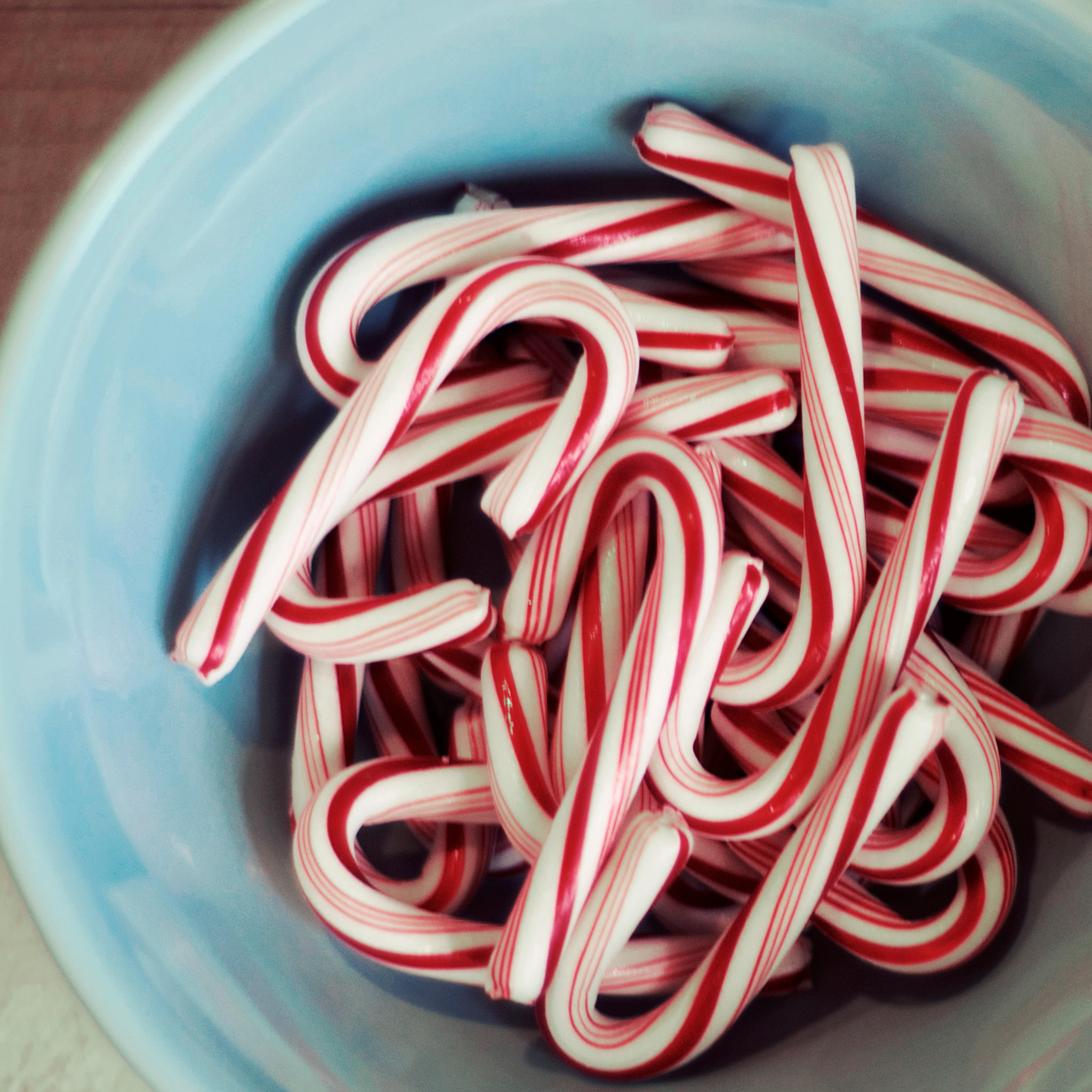 Candy canes in blue bowl