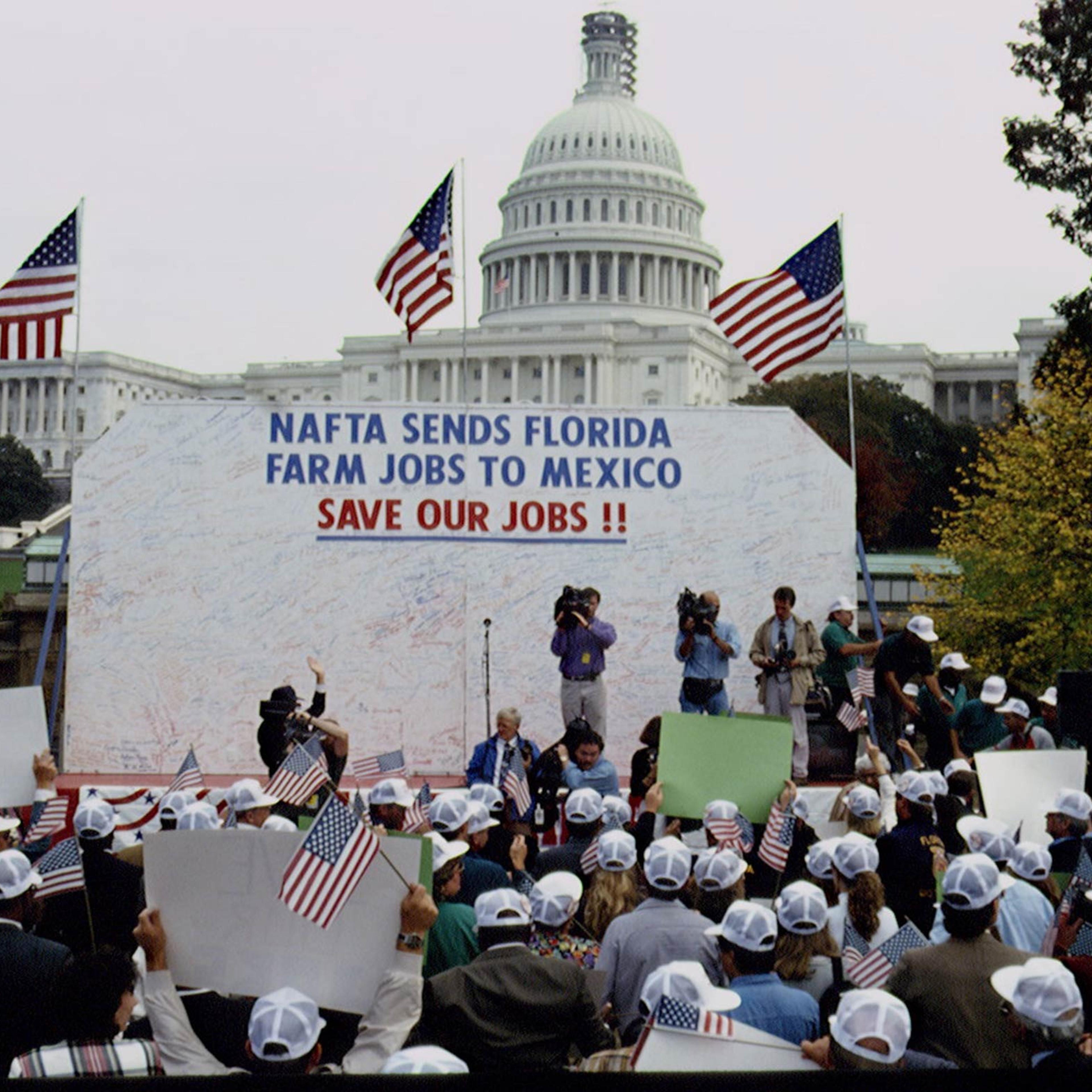 A farmer protest against NAFTA on Oct. 21, 1993, in front of the Capitol in Washington, D.C.