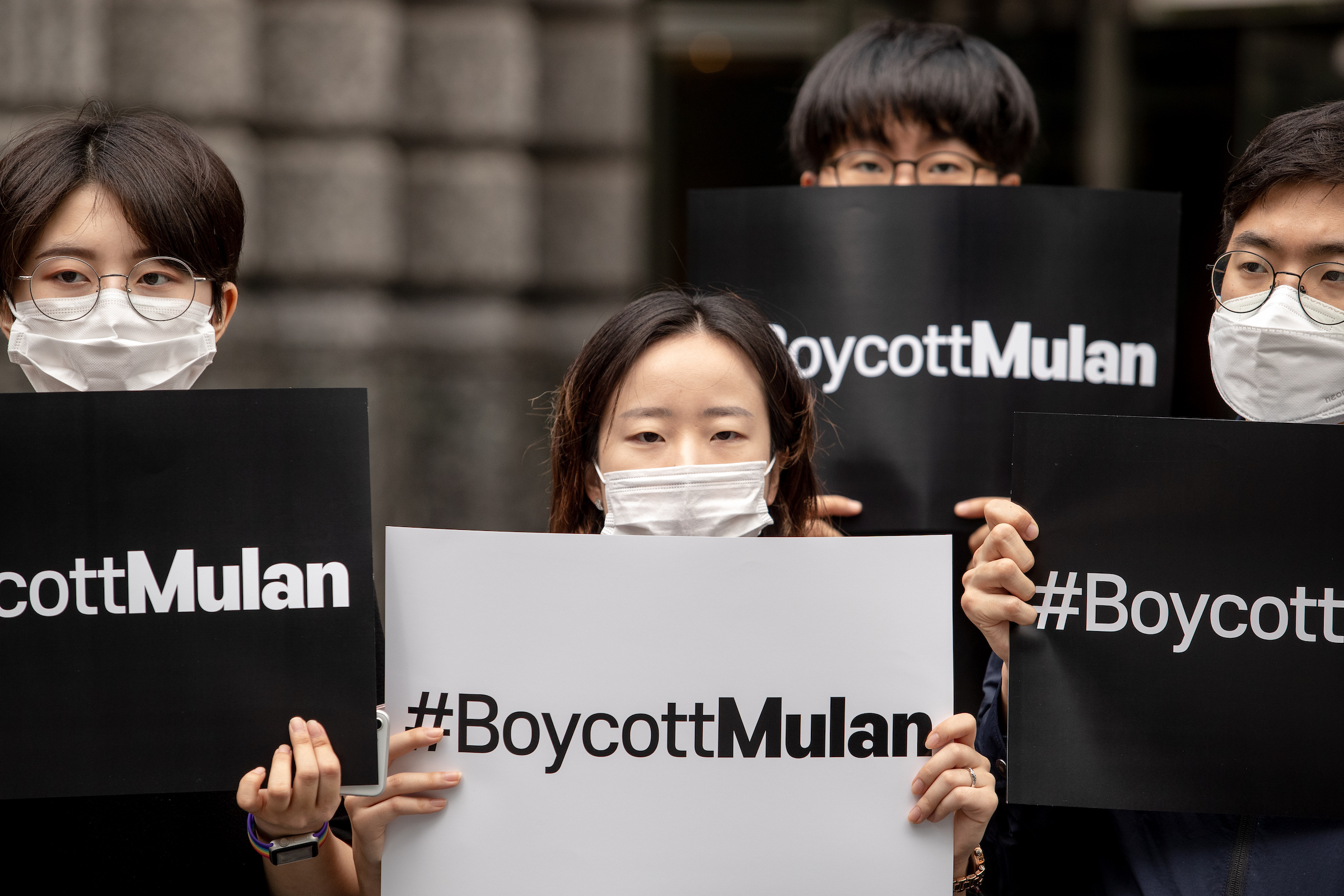 Members of Global citizenship declaration in Korea hold placards during a protest in front of the Walt Disney Korea on July 1st, 2020 in Seoul, South Korea.