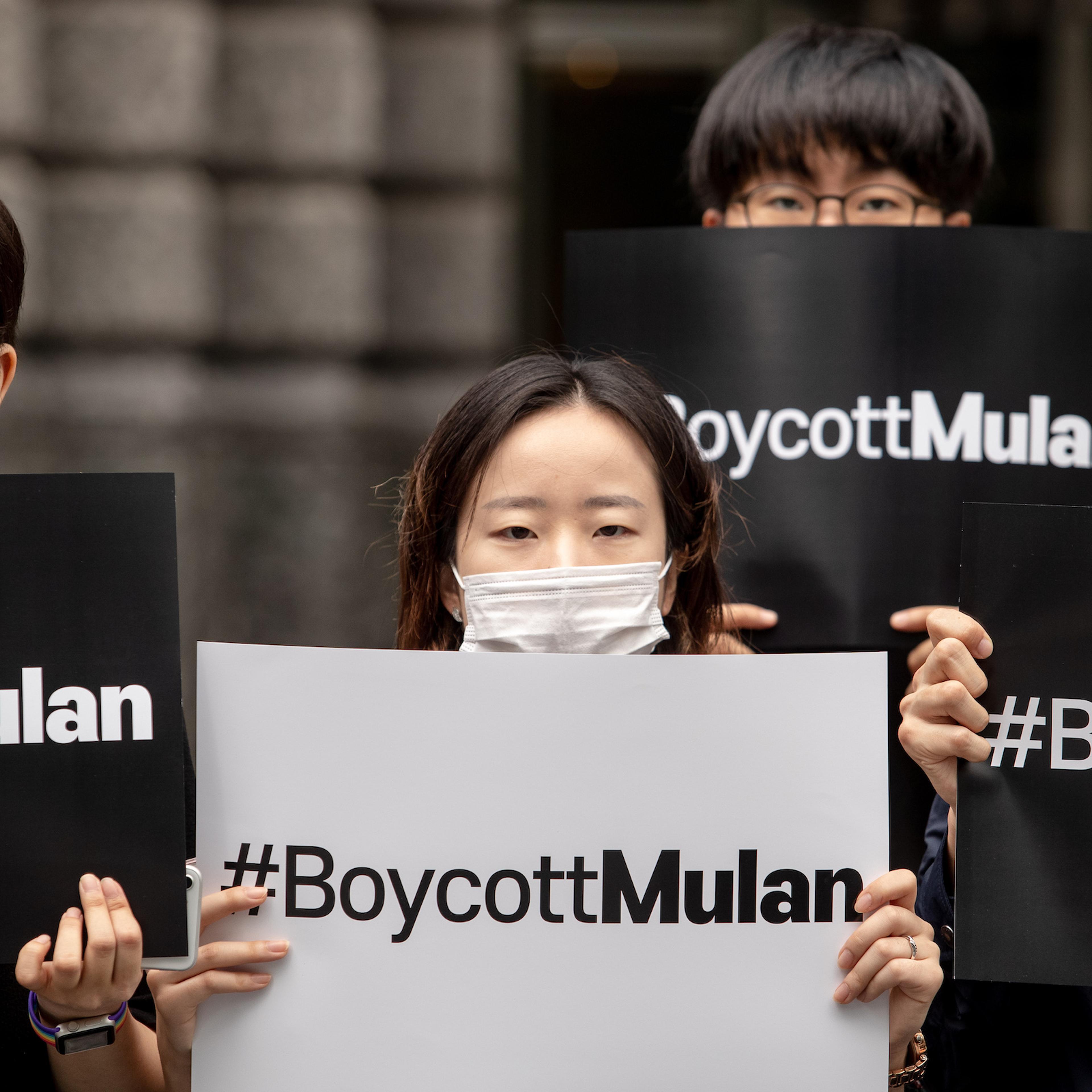 Members of Global citizenship declaration in Korea hold placards during a protest in front of the Walt Disney Korea on July 1st, 2020 in Seoul, South Korea.