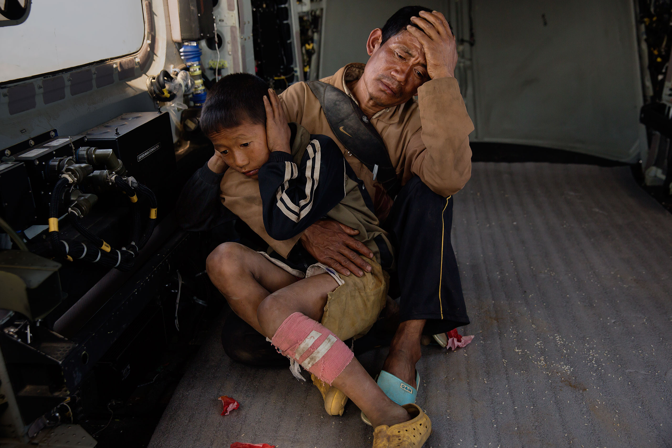 Nepal earthquake. Young Buddhist monks from Hinang Gompa (monastery) in the village of Lhi in Gorkha district in the Annapurna Range of the Himalayas were transported by Indian Army helicopter to Pokhara because the monastery was damaged in the earthquak