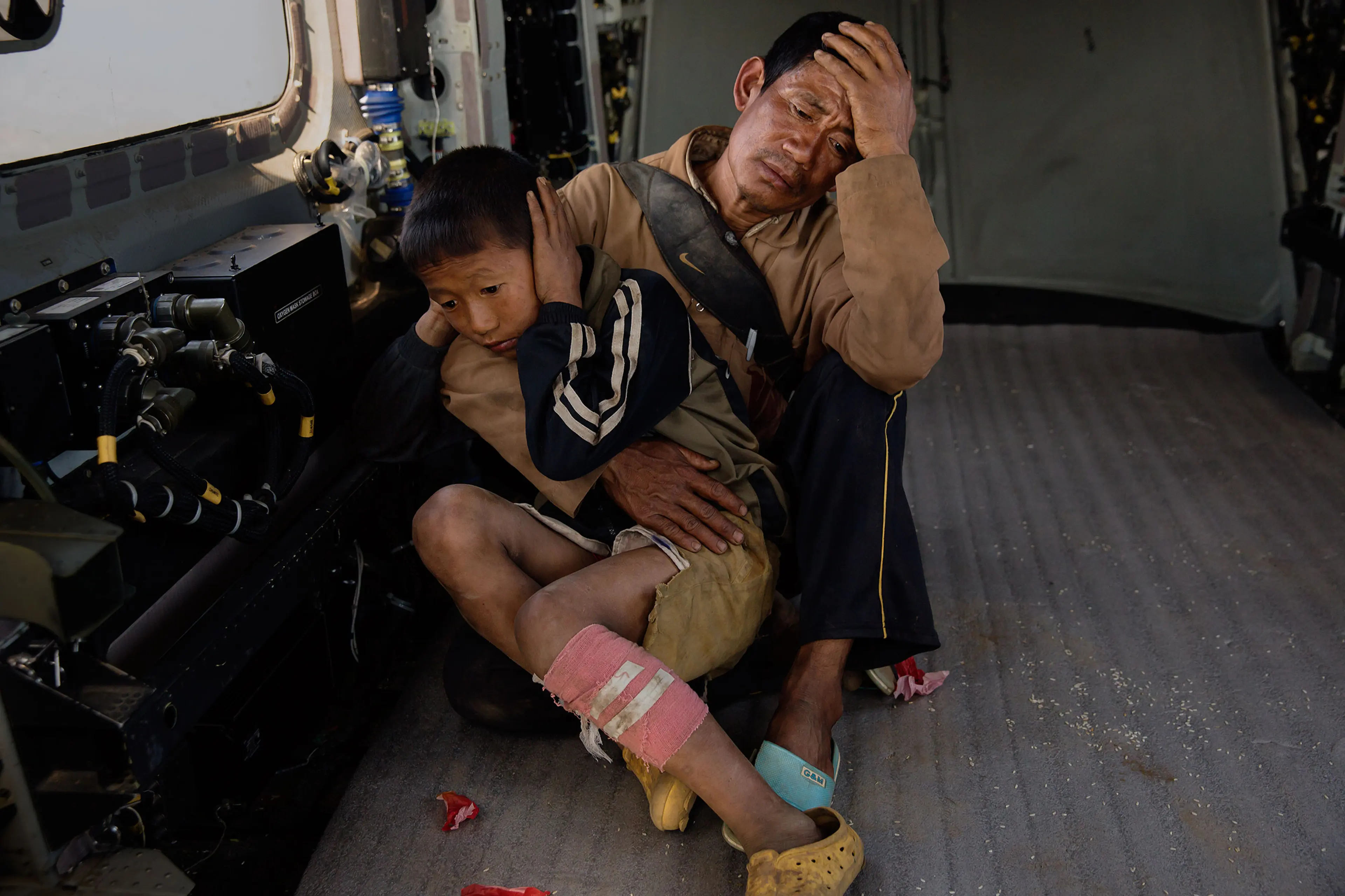 Nepal earthquake. Young Buddhist monks from Hinang Gompa (monastery) in the village of Lhi in Gorkha district in the Annapurna Range of the Himalayas were transported by Indian Army helicopter to Pokhara because the monastery was damaged in the earthquak
