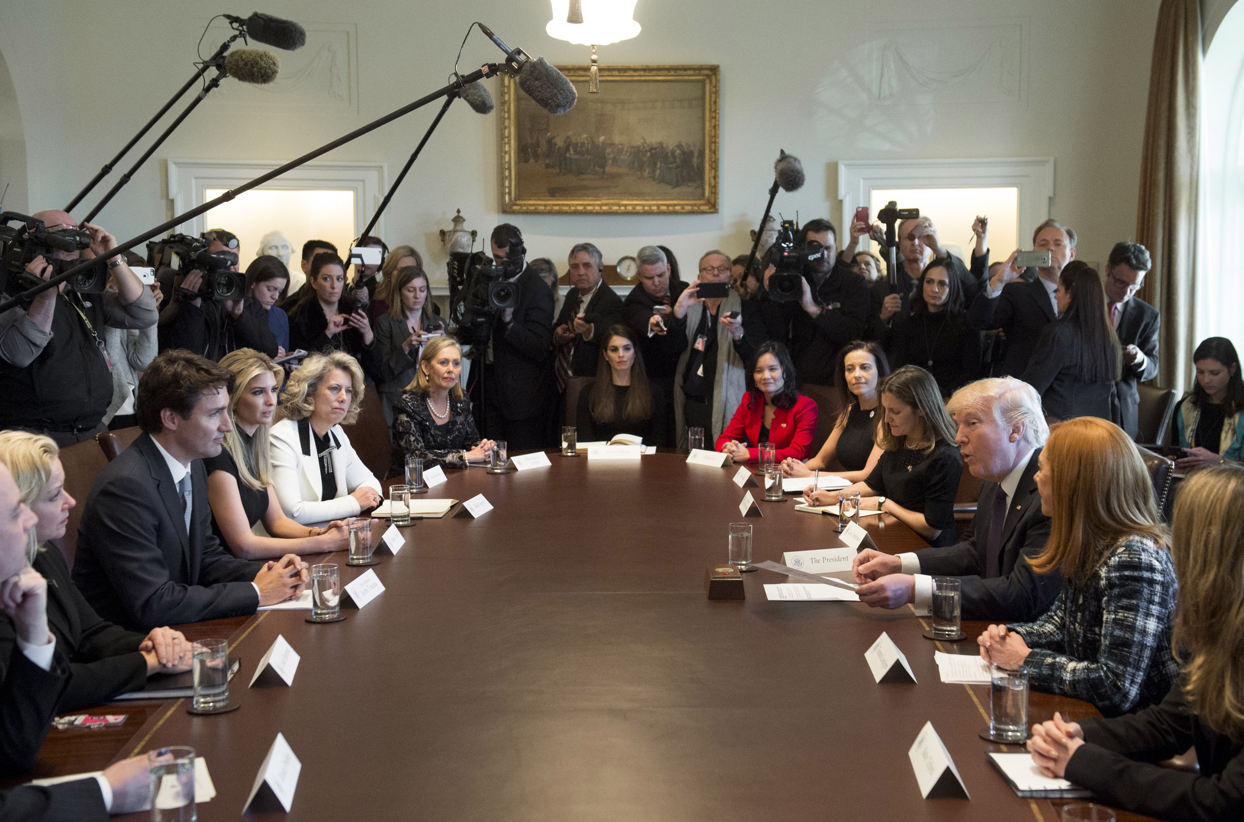 President Donald Trump and Canadian Prime Minister Justin Trudeau hold a roundtable discussion on women entrepreneurs and business leaders in the Cabinet Room of the White House in Washington on Feb. 13, 2017.