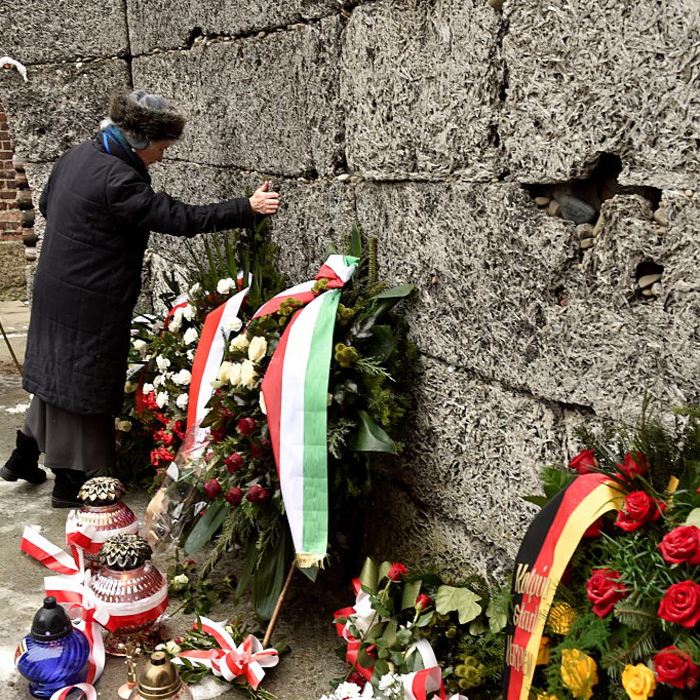 Survivors lay wreaths at the Wall of Death during the 70th anniversary of the liberation of the Nazi German concentration and extermination camp, Auschwitz-Birkenau in Aushwitz on Jan. 27, 2015.