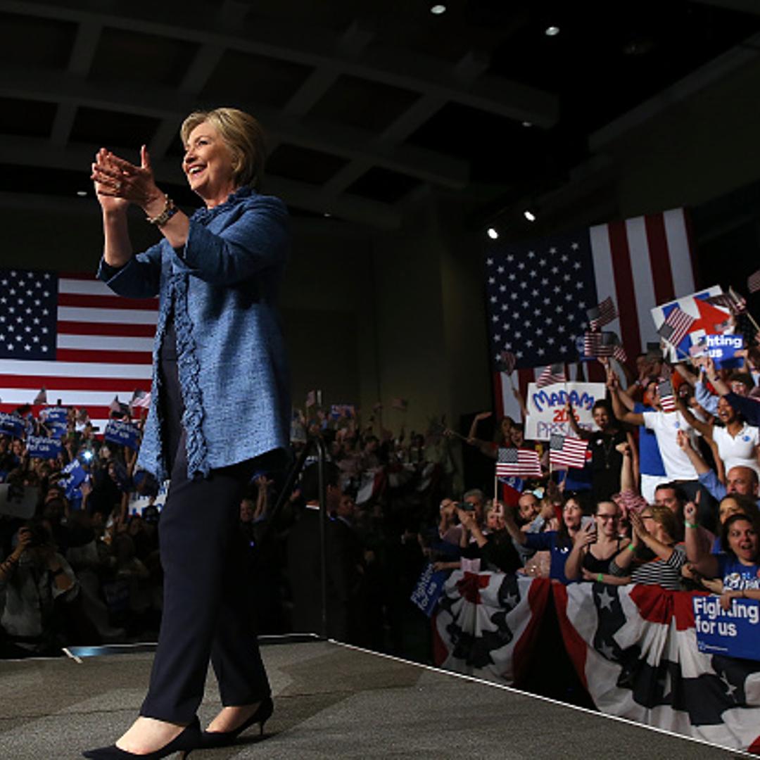 Democratic presidential candidate former Secretary of State Hillary Clinton greets supporters during her primary night gathering on March 15, 2016 in West Palm Beach, Florida.