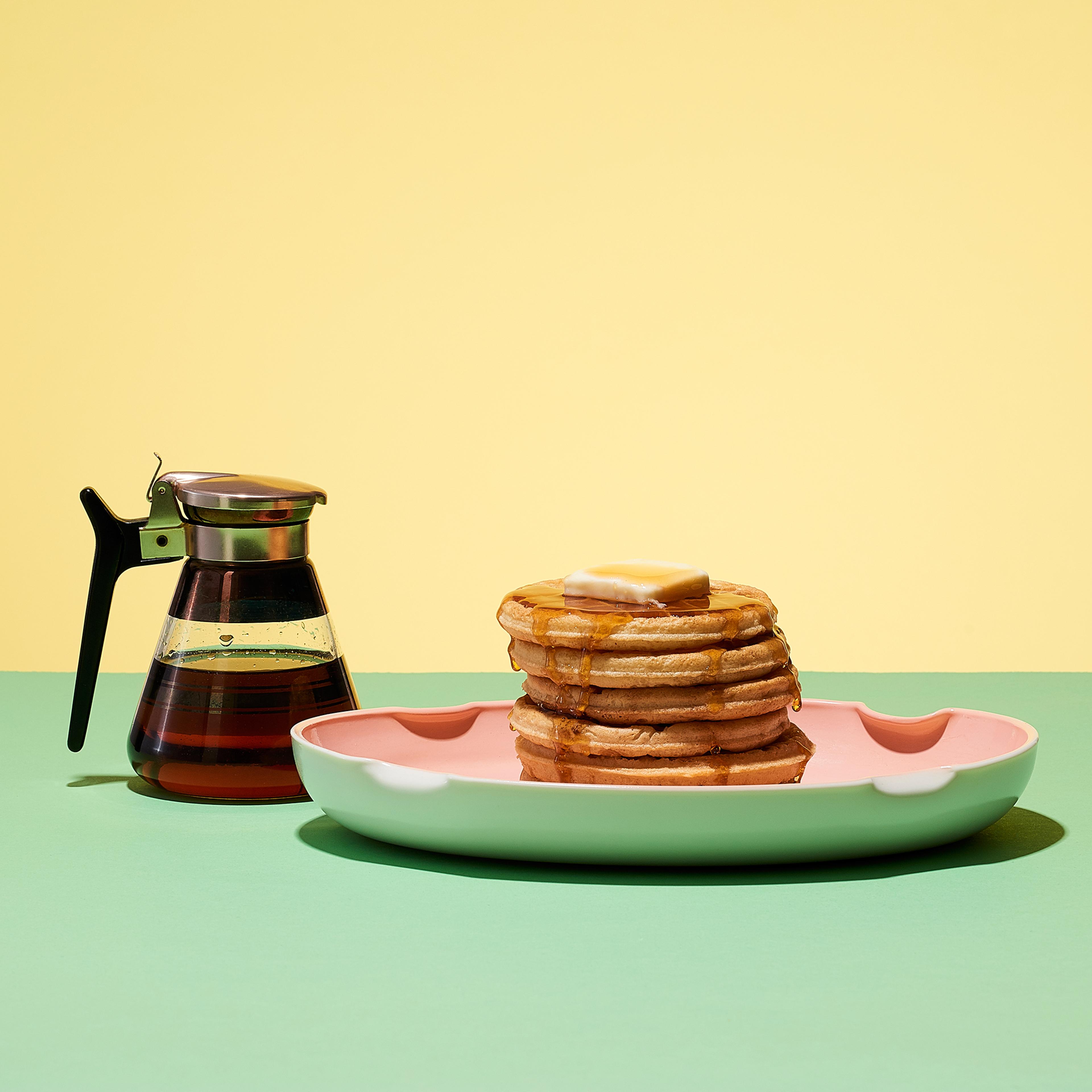 Plate on Pancake Waffles and Maple Syrup Dripping Down