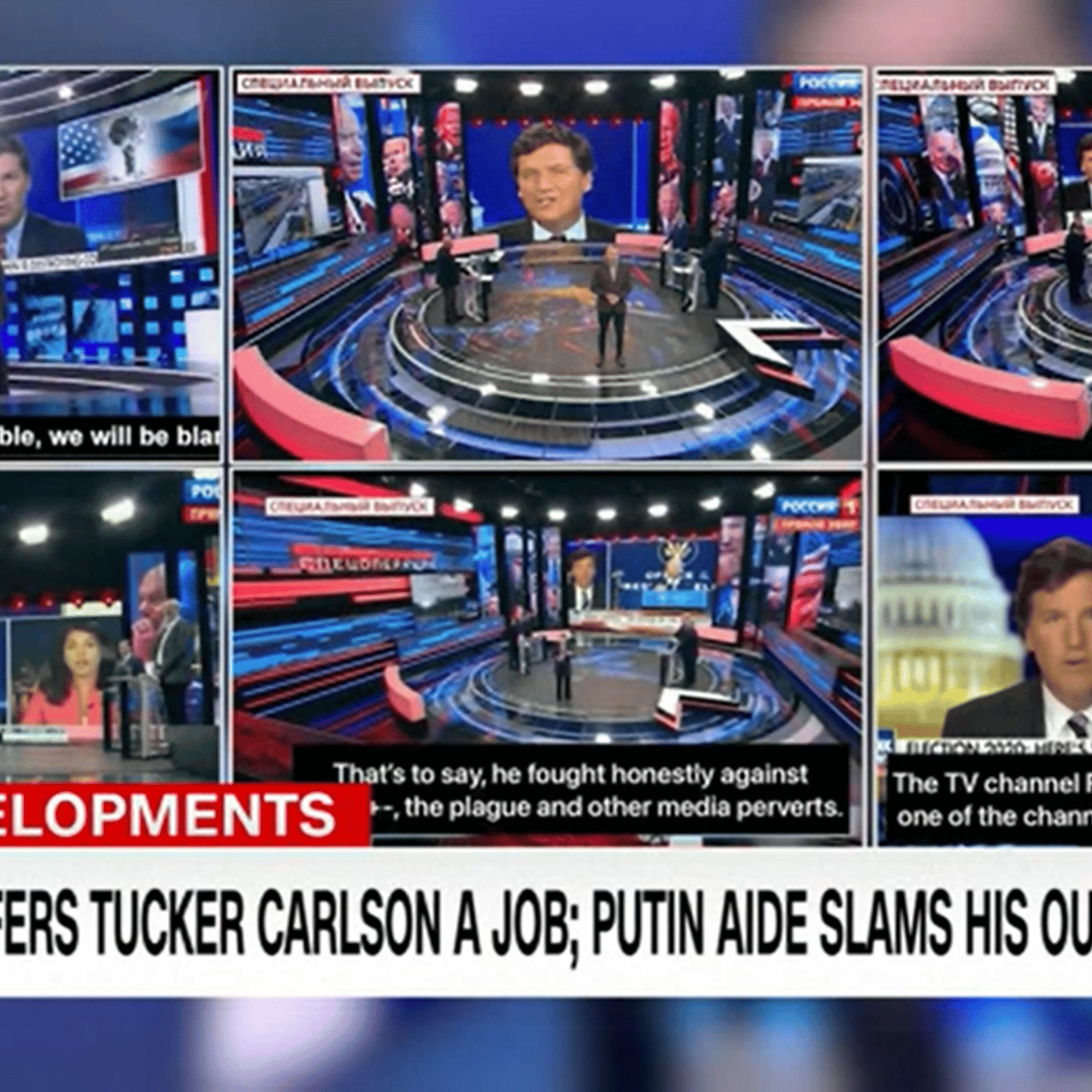 Screengrab of CNN showing text that says Russian TV Offers Tucker Carlson a Job
