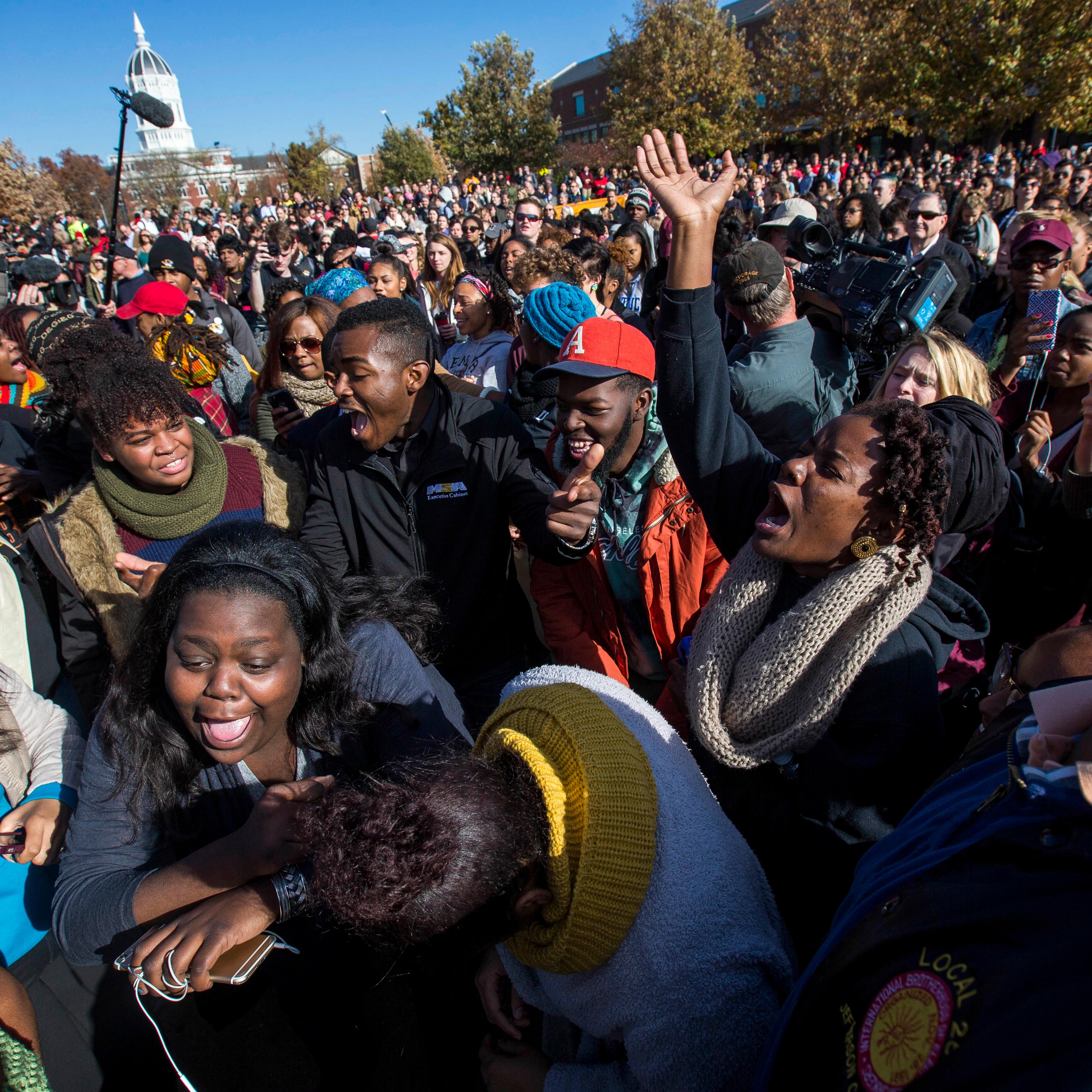 Protesters celebrate after the resignation resignation of Missouri University president Timothy M. Wolfe on the Missouri University Campus in Columbia, MO on Nov. 9, 2015.