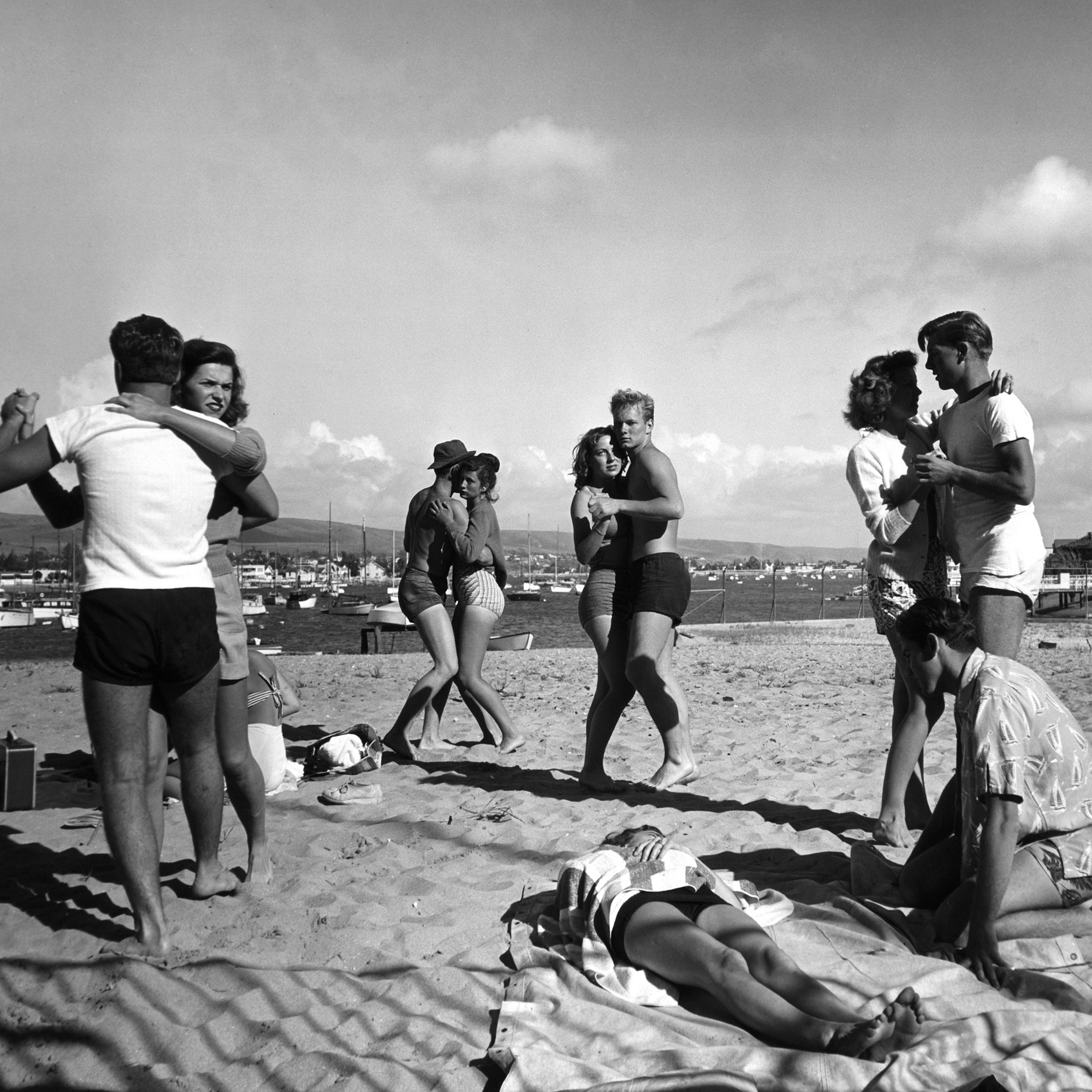 Glendale Junior College Students dancing on Balboa Beach, California, 1947.