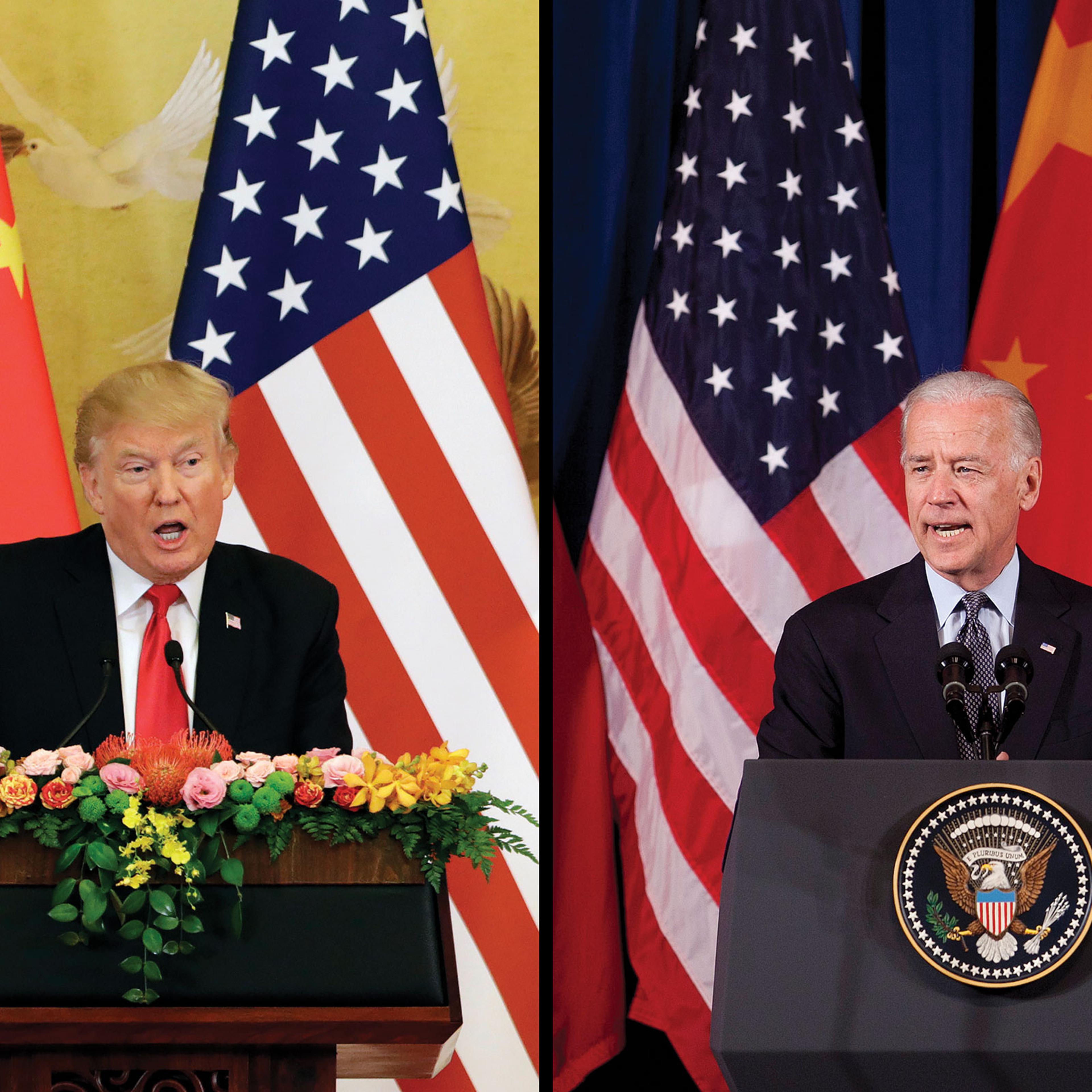 President Donald Trump during a news conference at the Great Hall of the People in Beijing, China, Nov. 9, 2017; Then Vice President Joe Biden during the opening ceremony of the U.S.-China Strategic & Economic Dialogue in Washington, May 9, 2011