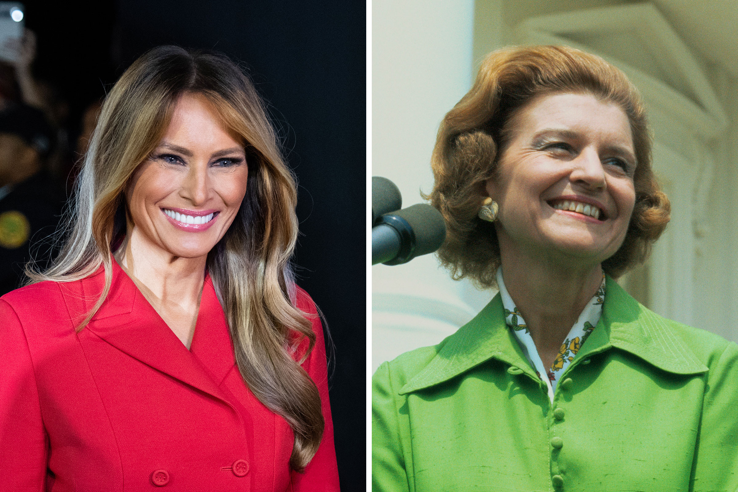 Melania Trump at the RNC in Milwaukee, July 18, 2024; Betty Ford at the White House 1974