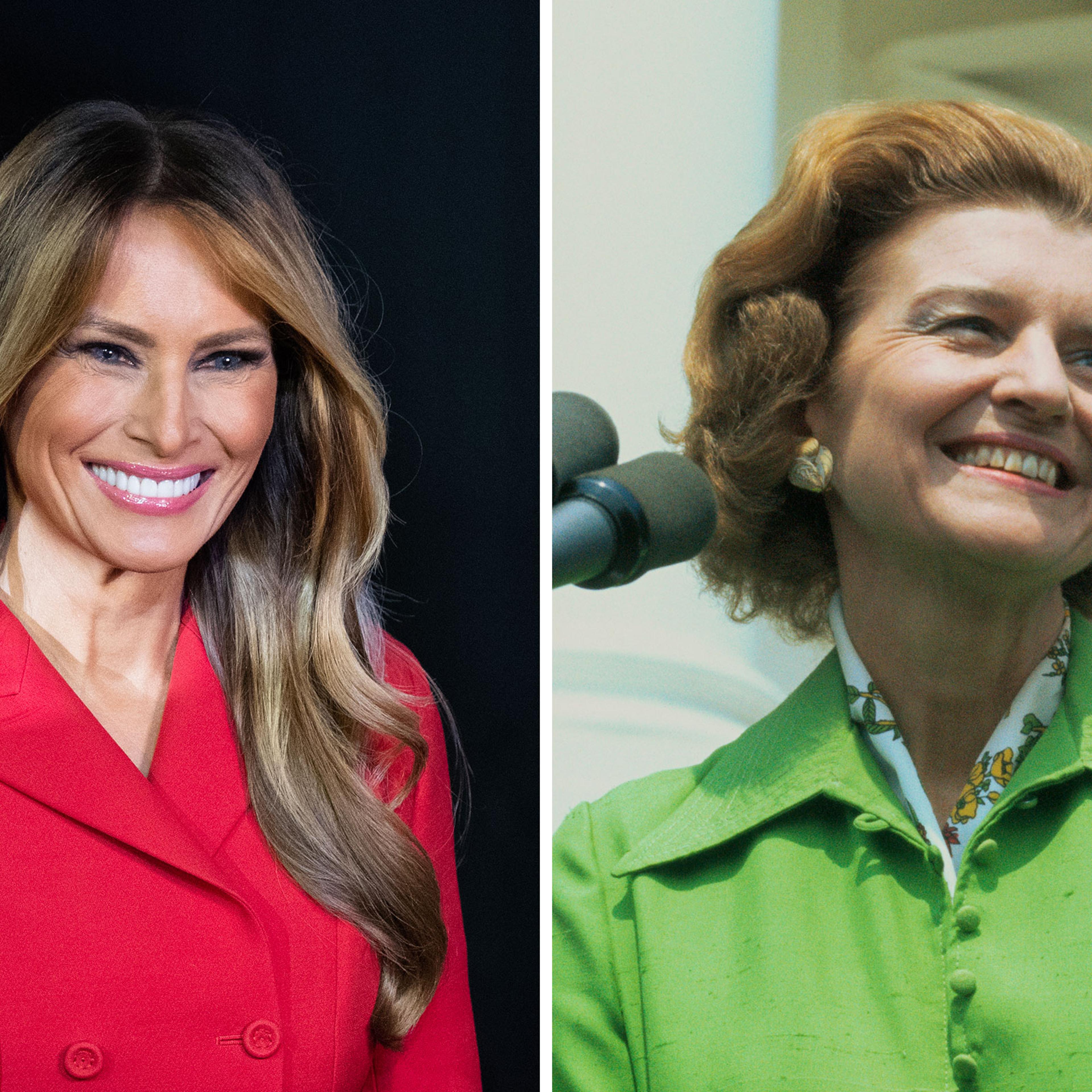 Melania Trump at the RNC in Milwaukee, July 18, 2024; Betty Ford at the White House 1974