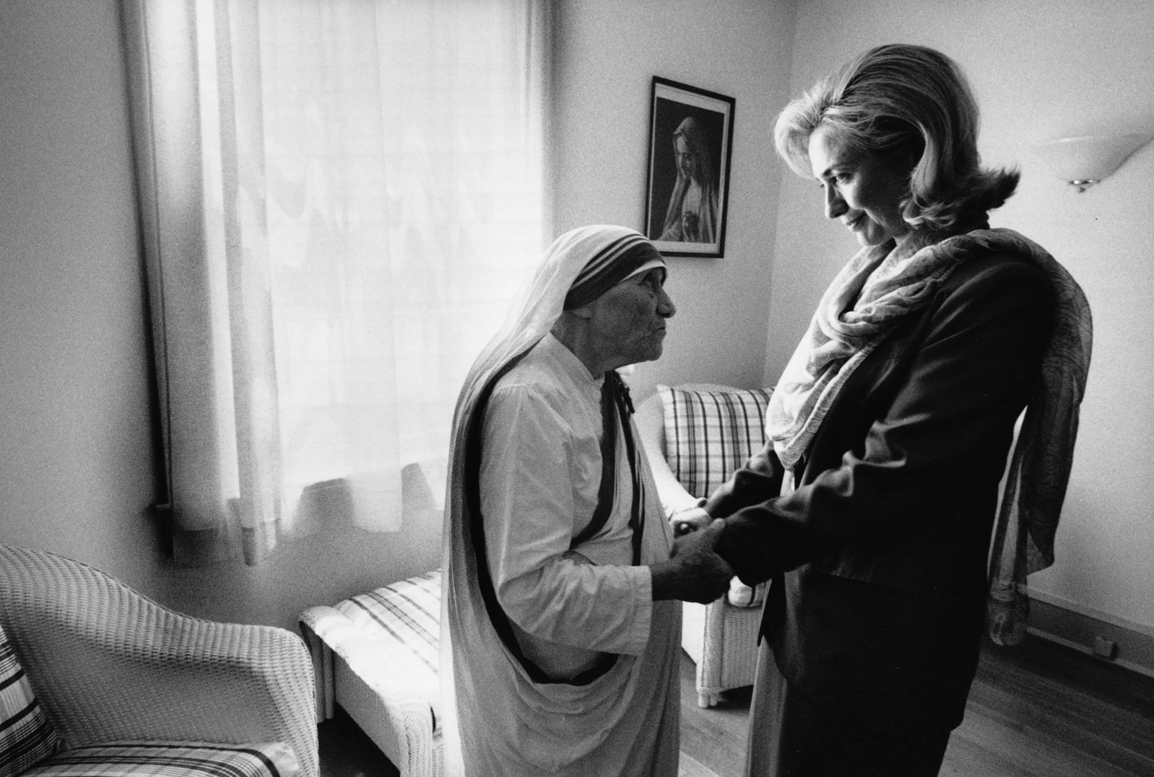 Hillary Rodham Clinton meets with Mother Teresa at the opening of the Mother Teresa Home for Infant Children in Washington, D.C., June 19, 1995.