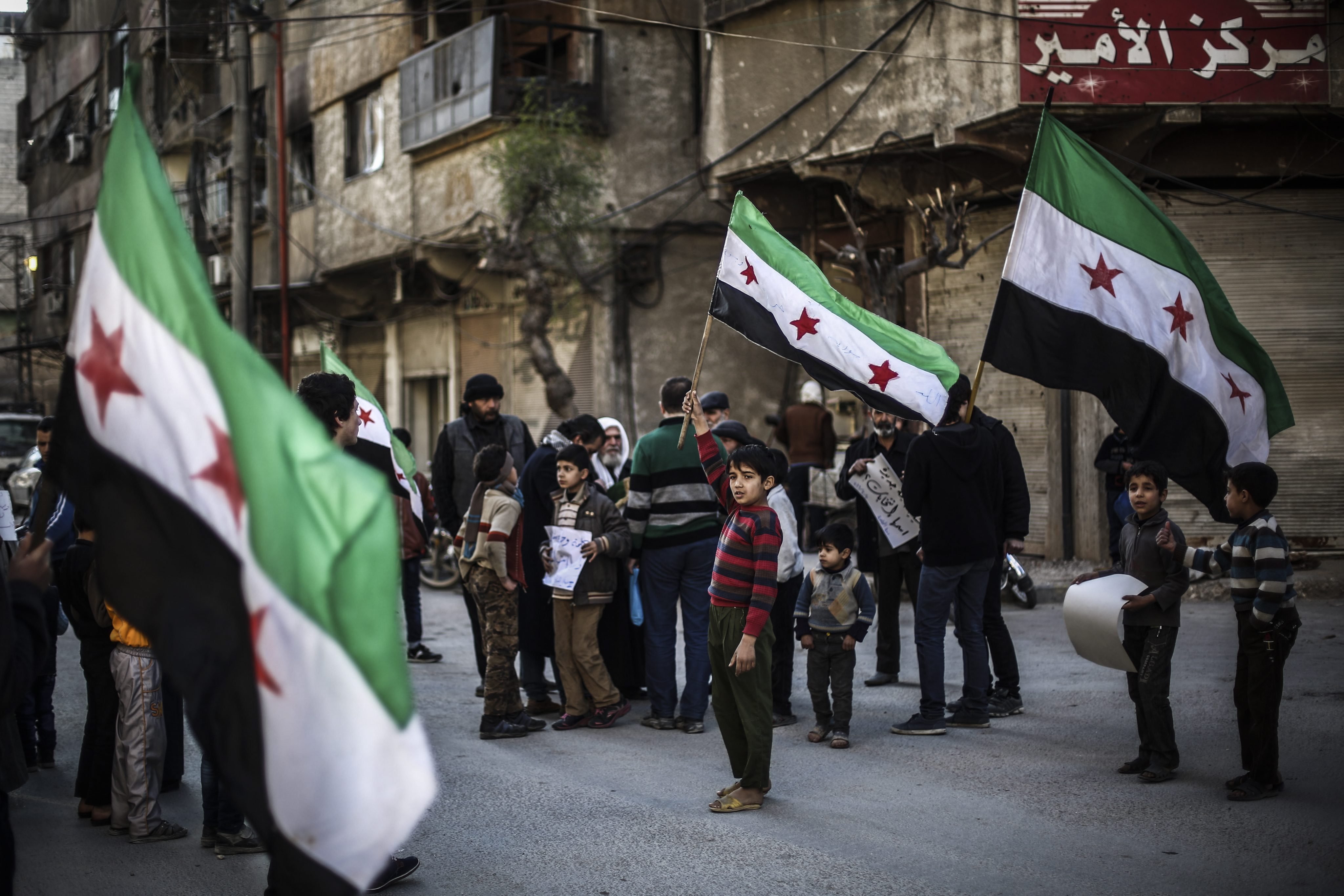Protest against airstrikes in rebel-held city of Douma